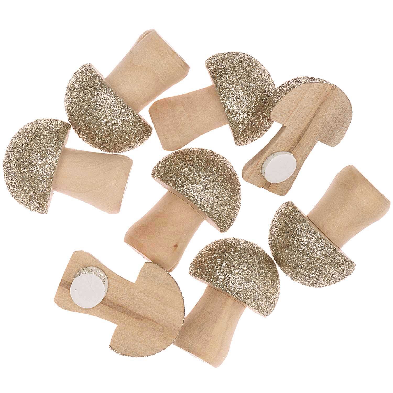 Holzsticker Pilz mit Glitter natur-gold von Rico Design, 8 Stück. Glitzernde Pilzform in Naturtönen.