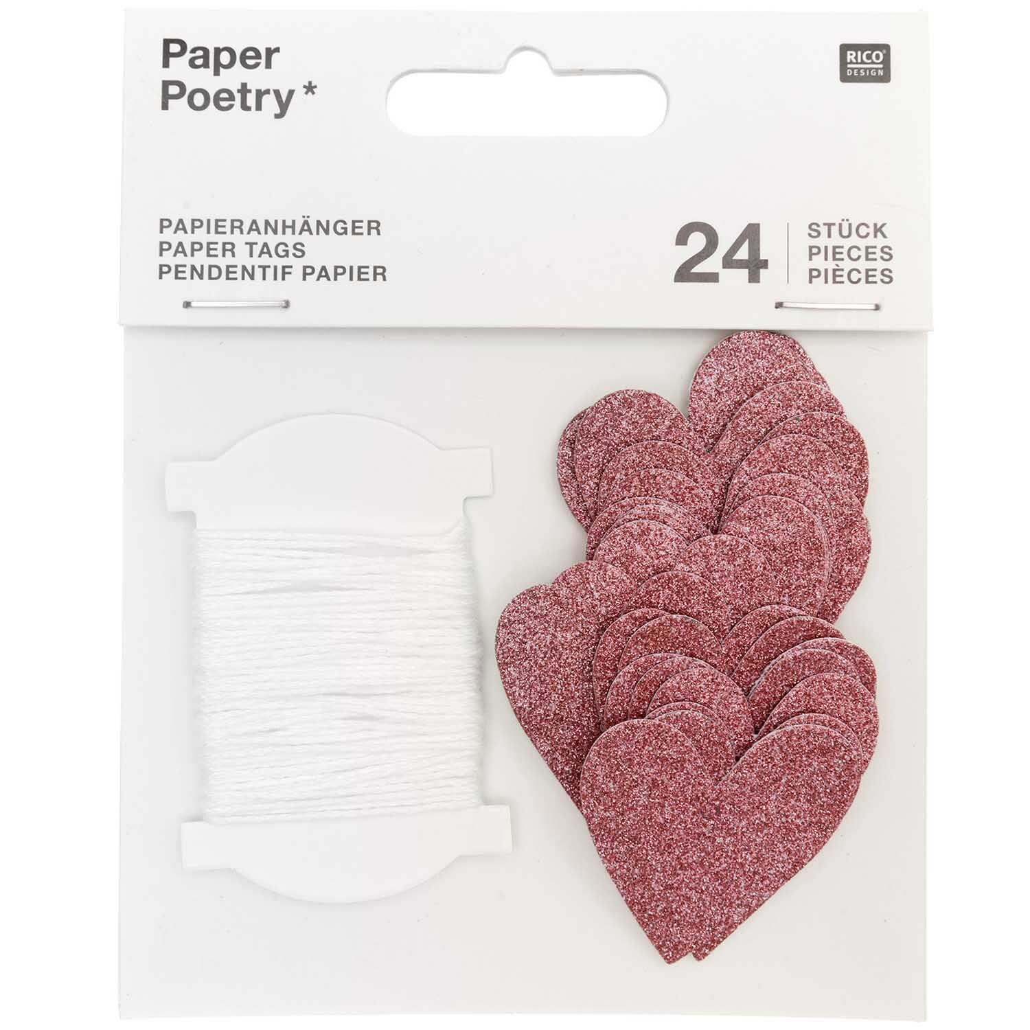 Paper Poetry Papieranhänger Herzen Glitter rosa 3x3,5cm 24 Stück von Rico Design