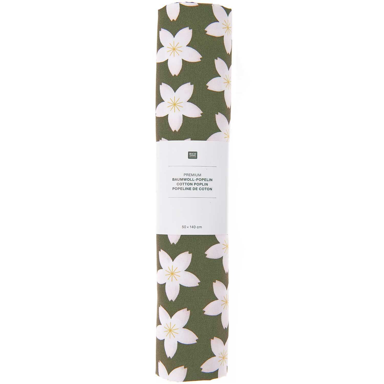 Stoffabschnitt Baumwoll-Popelin oliv Kirschblüten 50x140cm von Rico Design
