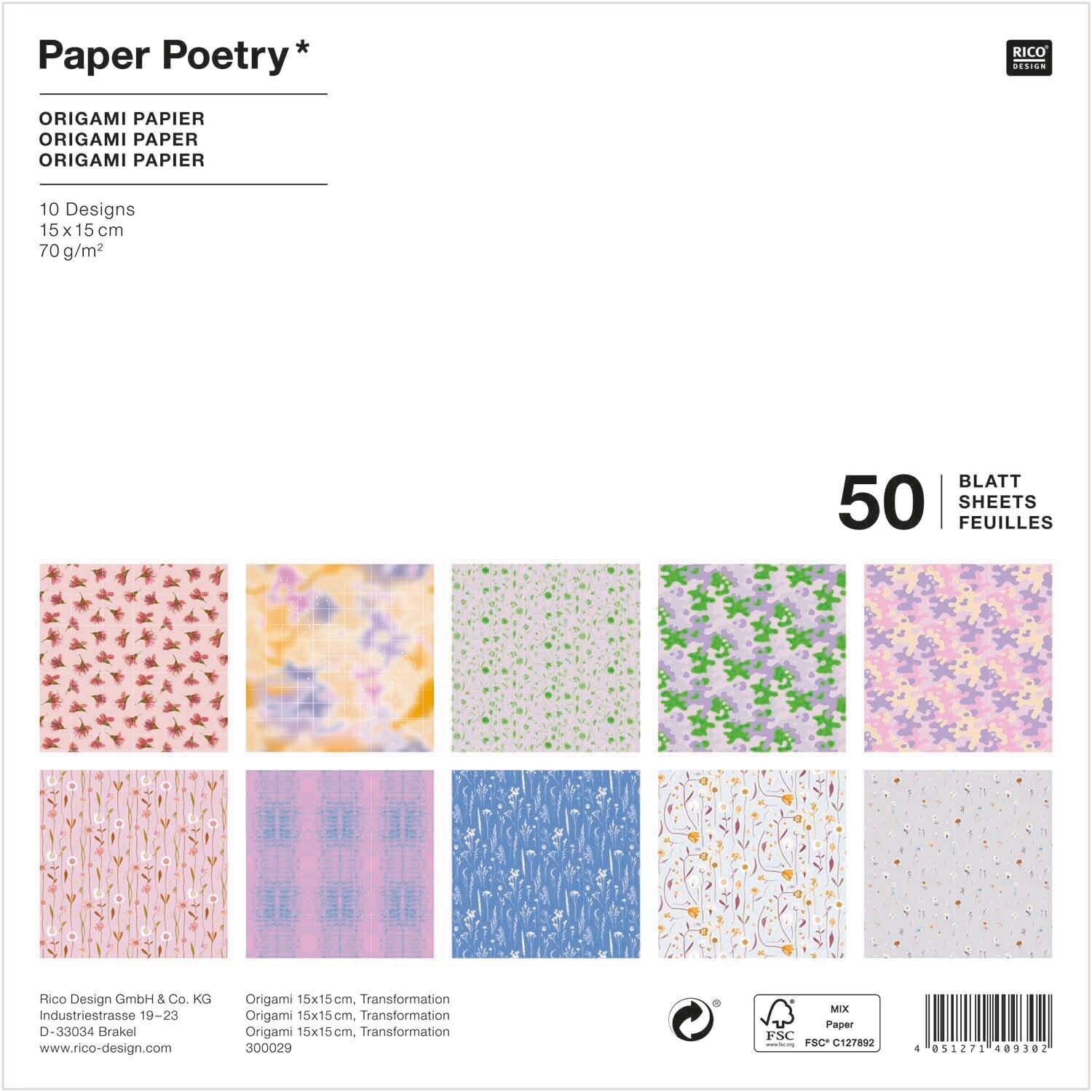 Paper Poetry Origami Transformation: 50 Blatt Origami-Papier von Rico Design mit 10 bunten Designs. Ideal für kreative Bastelprojekte.
