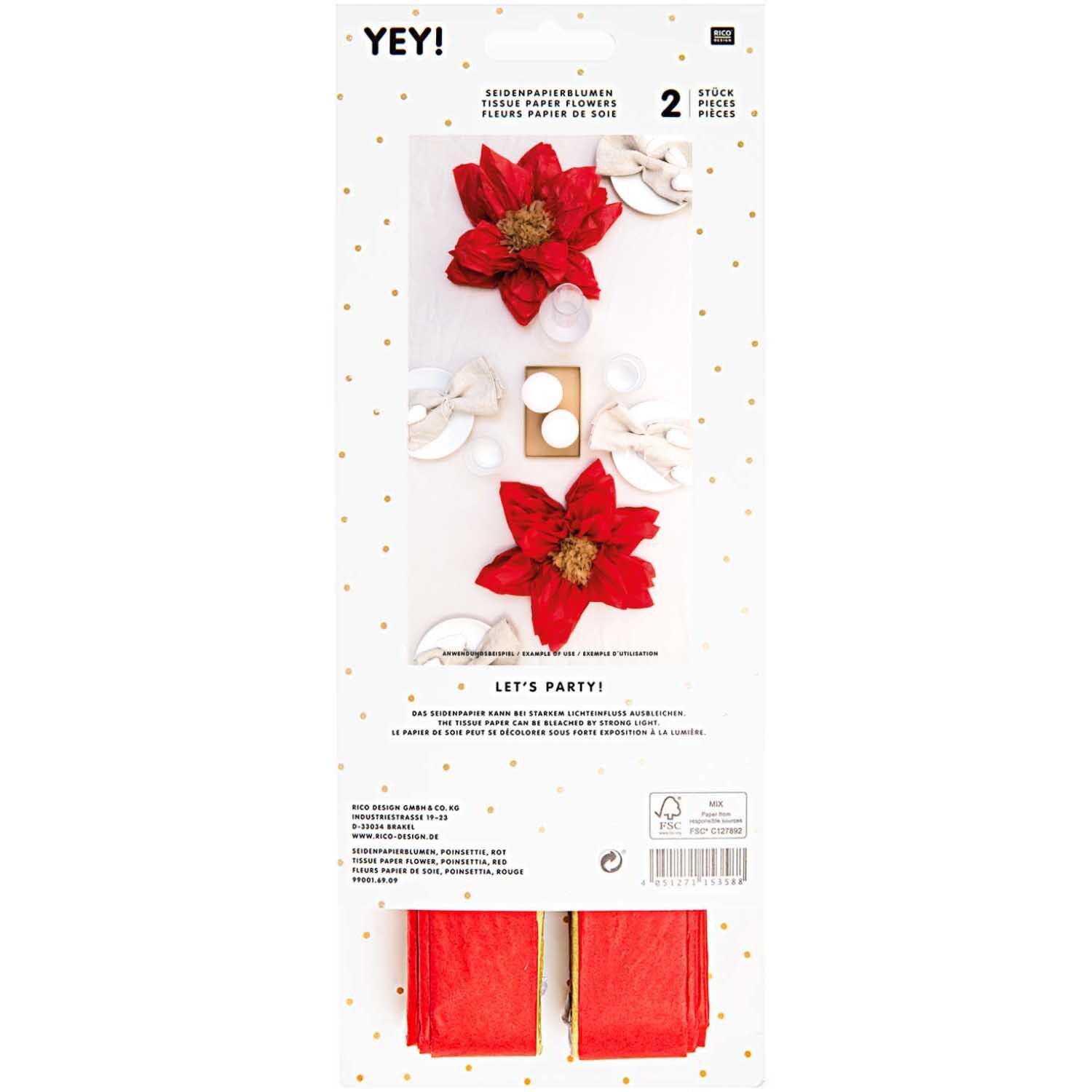Seidenpapierblumen Weihnachtsstern 40cm, 2 Stück von Rico Design. Rote Blumen auf weißem Hintergrund.