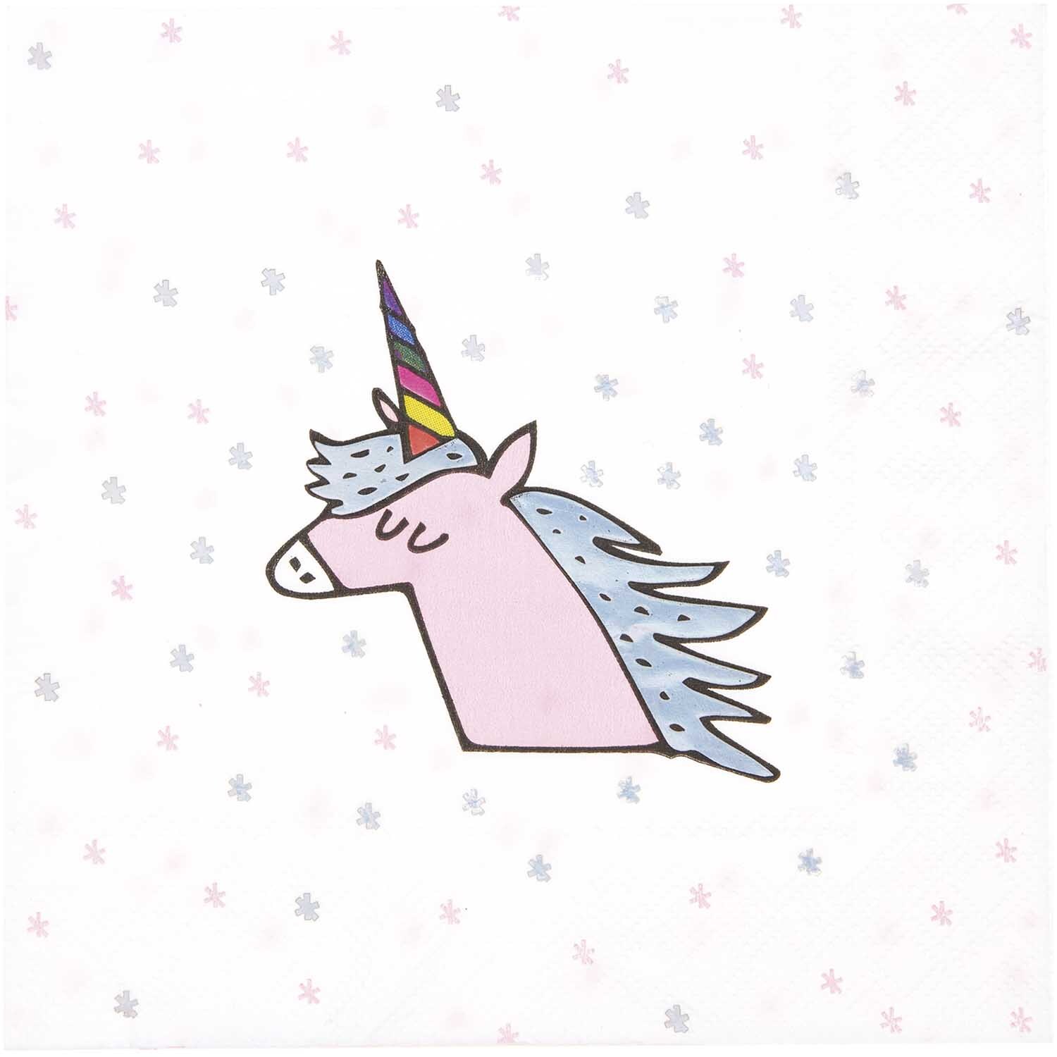 Servietten Einhorn 33x33cm 20 Stück: Rosa Einhorn mit bunter Mähne auf weißem Hintergrund, von Rico Design.