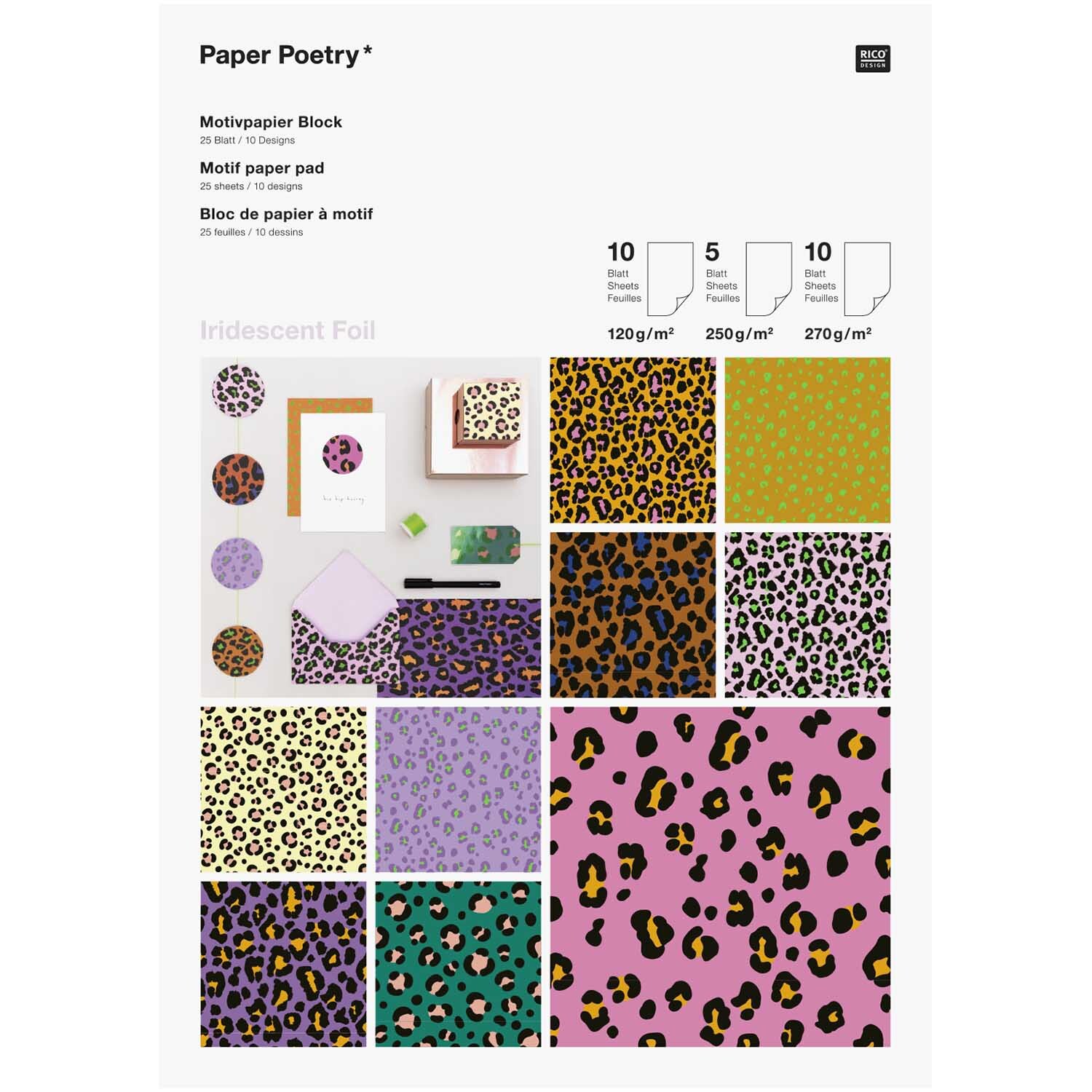 Paper Poetry Motivpapierblock Acid Leo mit 25 Blättern zeigt bunte Leopardenmuster in verschiedenen Farben von Rico Design.