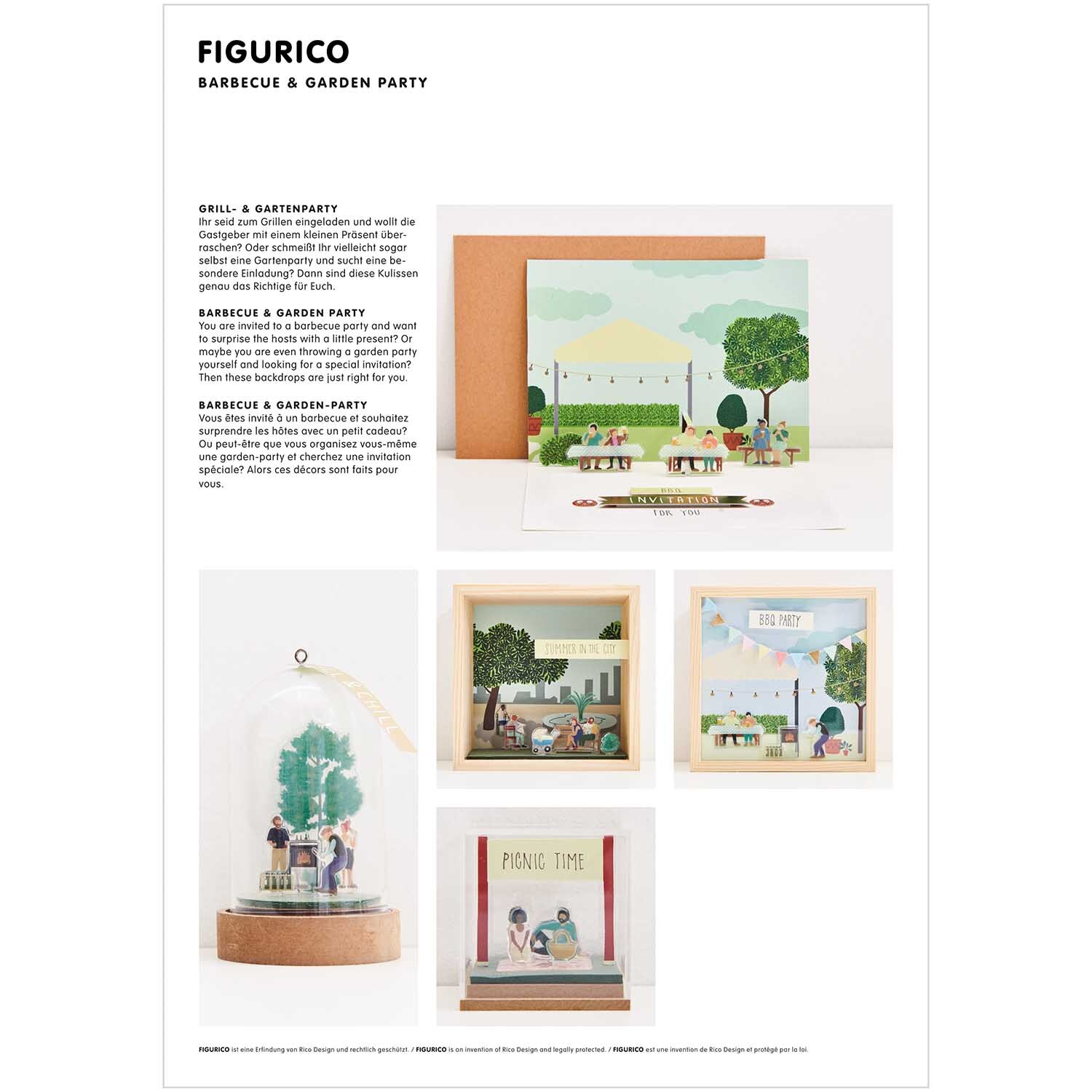 Figurico Papierkulissen Block DIN A4 10 Blatt von Rico Design Figurico Papierkulissen Block DIN A4 zeigt bunte Gartenparty-Szenen mit Bäumen und Figuren. Ideal für kreative Bastelprojekte von Rico Design.