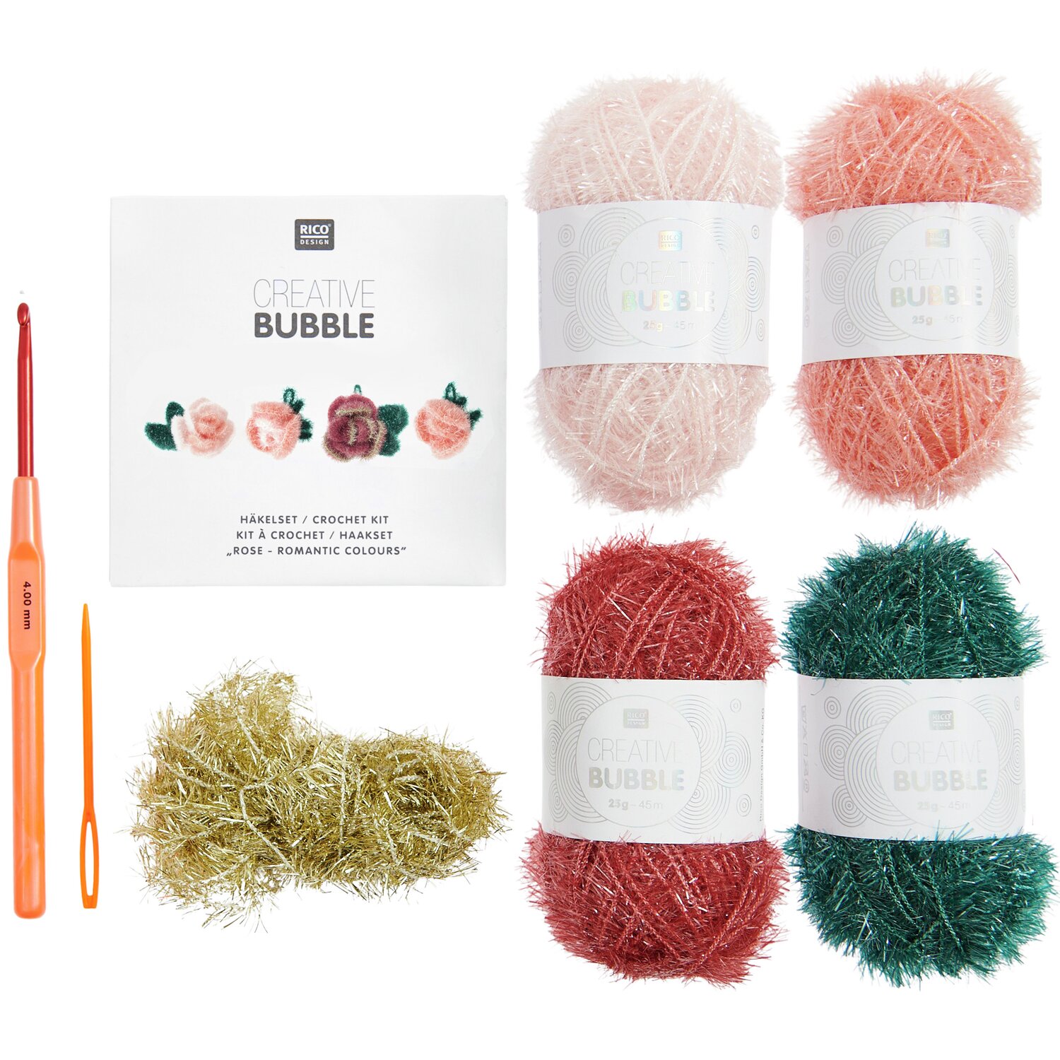 Häkelset Creative Bubble Rose Romantic von Rico Design Häkelset Creative Bubble Rose Romantic von Rico Design mit bunten Garnen und Häkelnadel.