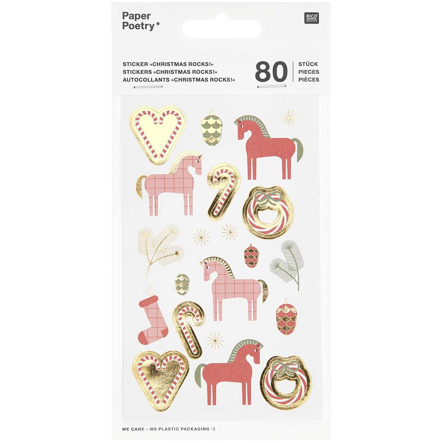 Paper Poetry Sticker Christmas Rocks! 4 Blatt mit festlichen Motiven wie Herzen, Pferden und Zuckerstangen in Rot und Gold von Rico Design.