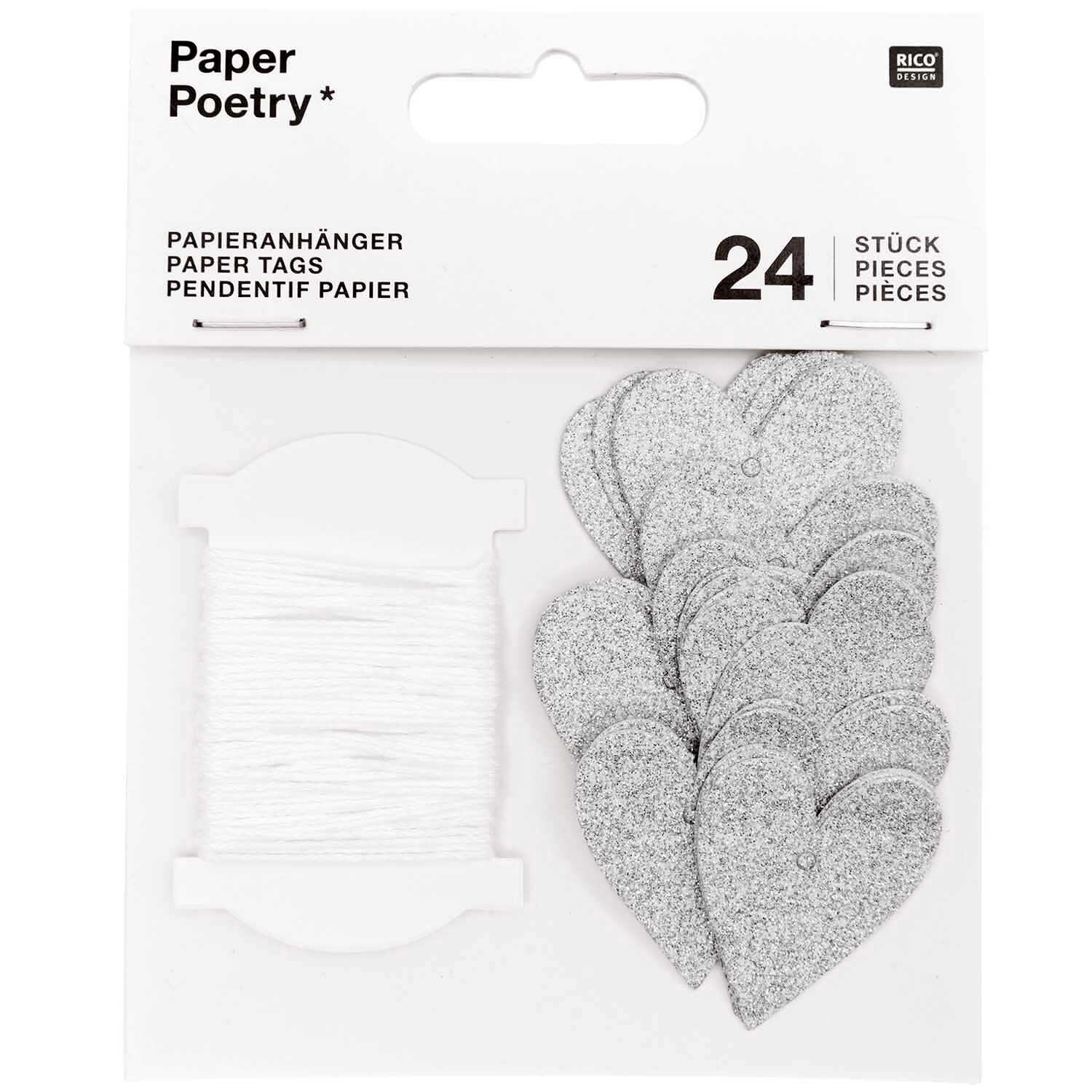 Paper Poetry Papieranhänger Herzen 3x3,5cm Glitter silber 24 Stück von Rico Design