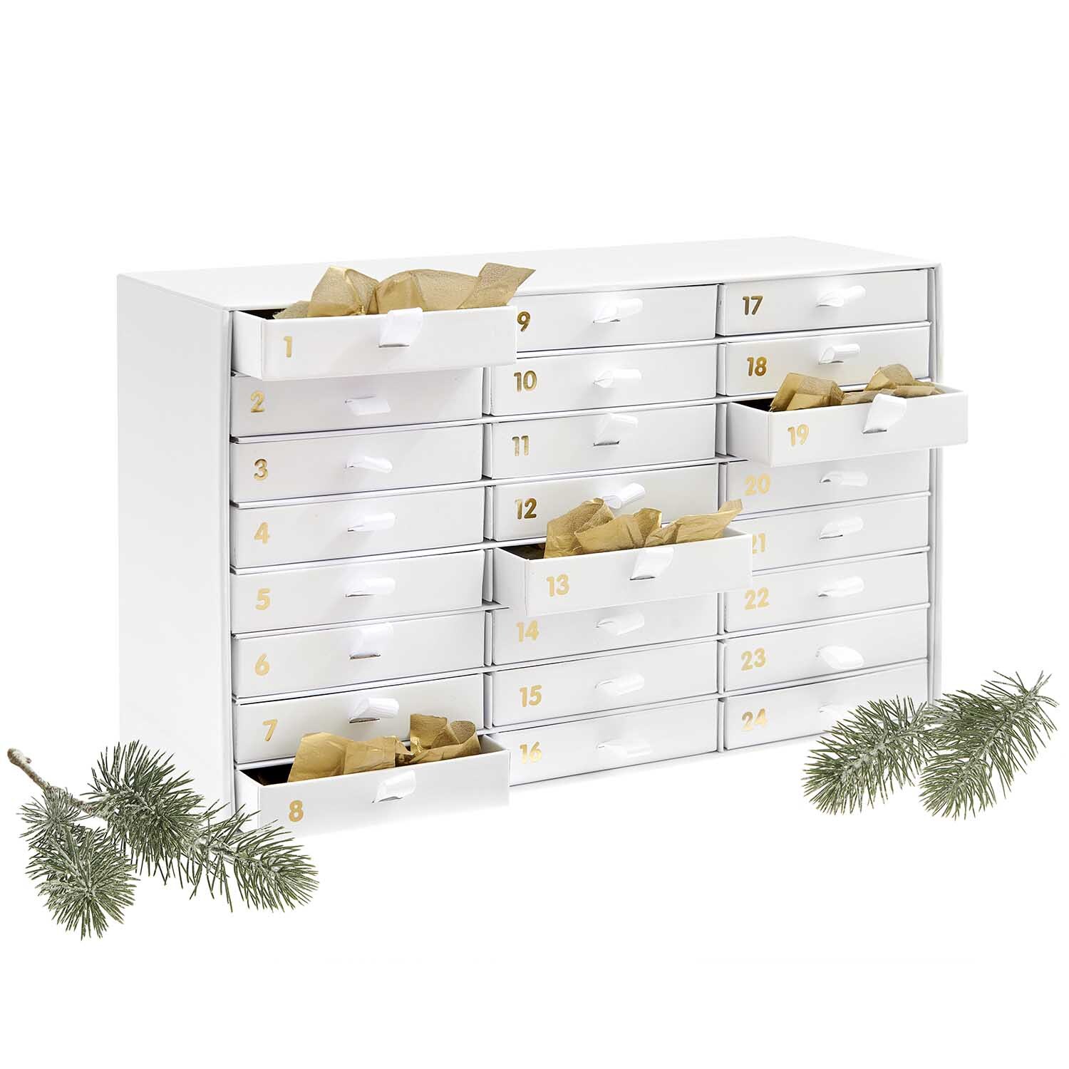 Adventskalender Box weiß-gold 16x26x9,5cm von Rico Design Adventskalender Box mit 24 Schubladen in Weiß-Gold von Rico Design, dekoriert mit Tannenzweigen.
