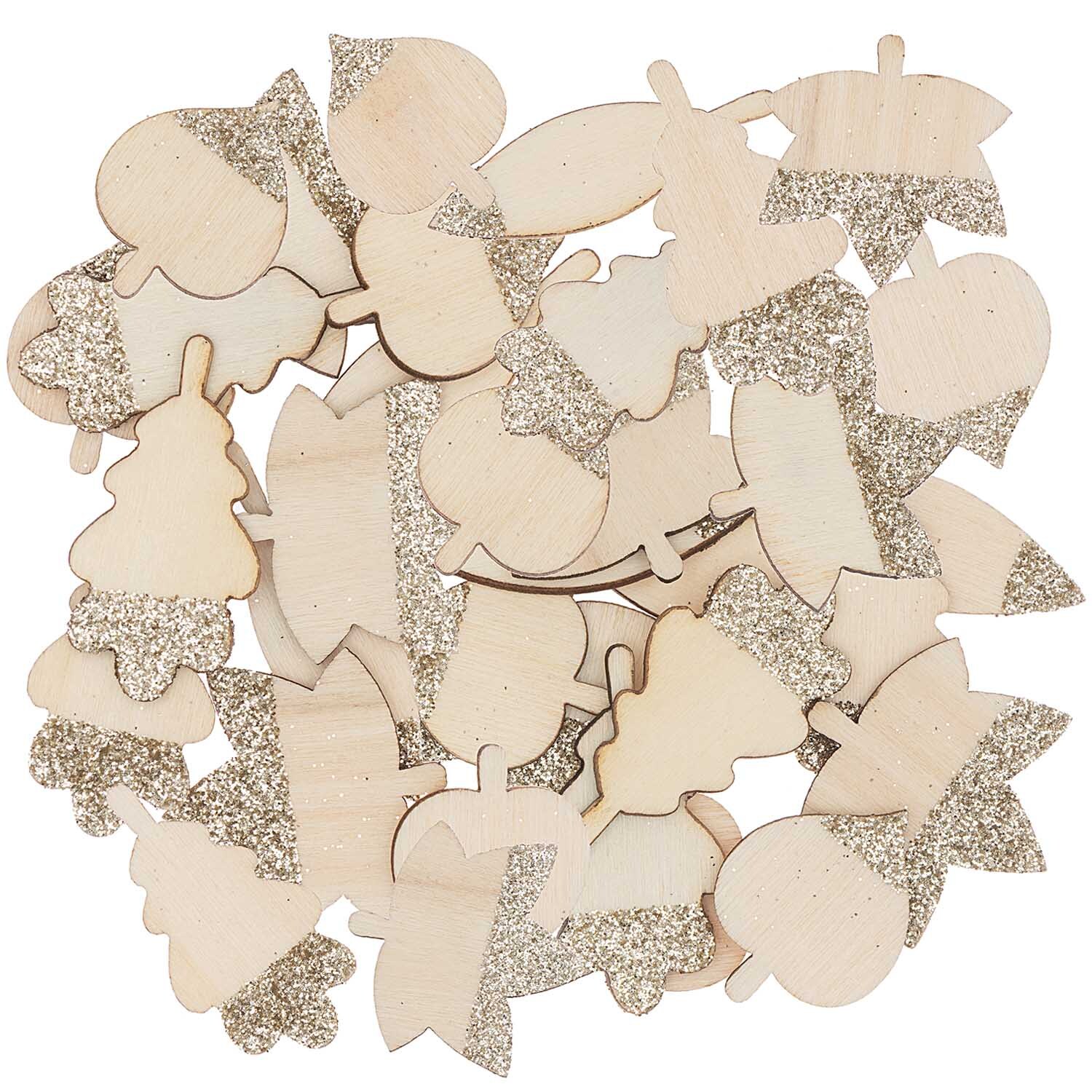 Holzstreu Blätter Mix mit Glitter natur-gold, dekorative Formen von Rico Design, ideal für Bastelprojekte.