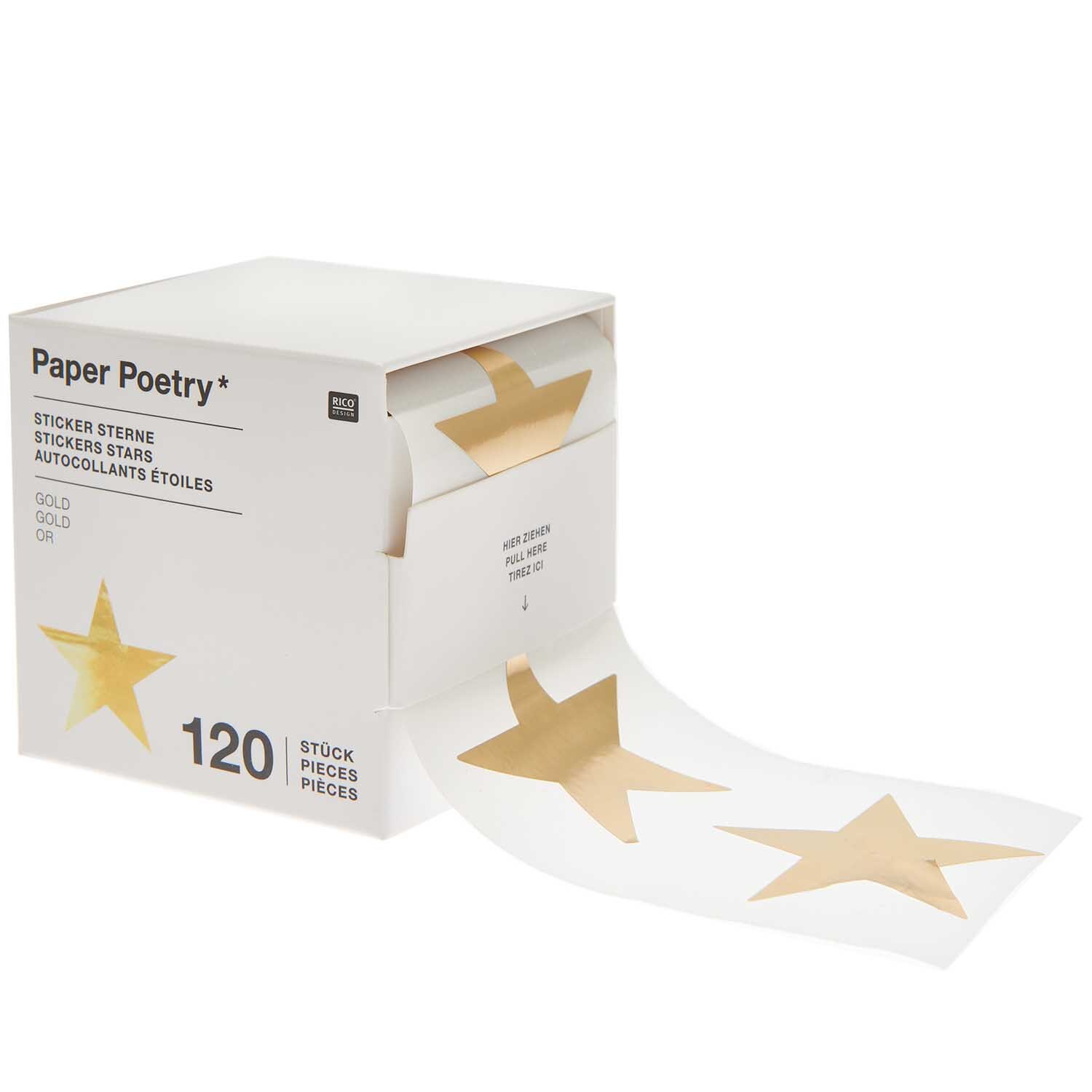 Paper Poetry Sticker Sterne 5cm 120 Stück auf der Rolle Hot Foil Farbe Gold von Rico Design Paper Poetry Sticker Sterne, 5 cm, 120 Stück auf Rolle. Goldene Sterne von Rico Design in einer Box. Ideal für kreative Projekte.