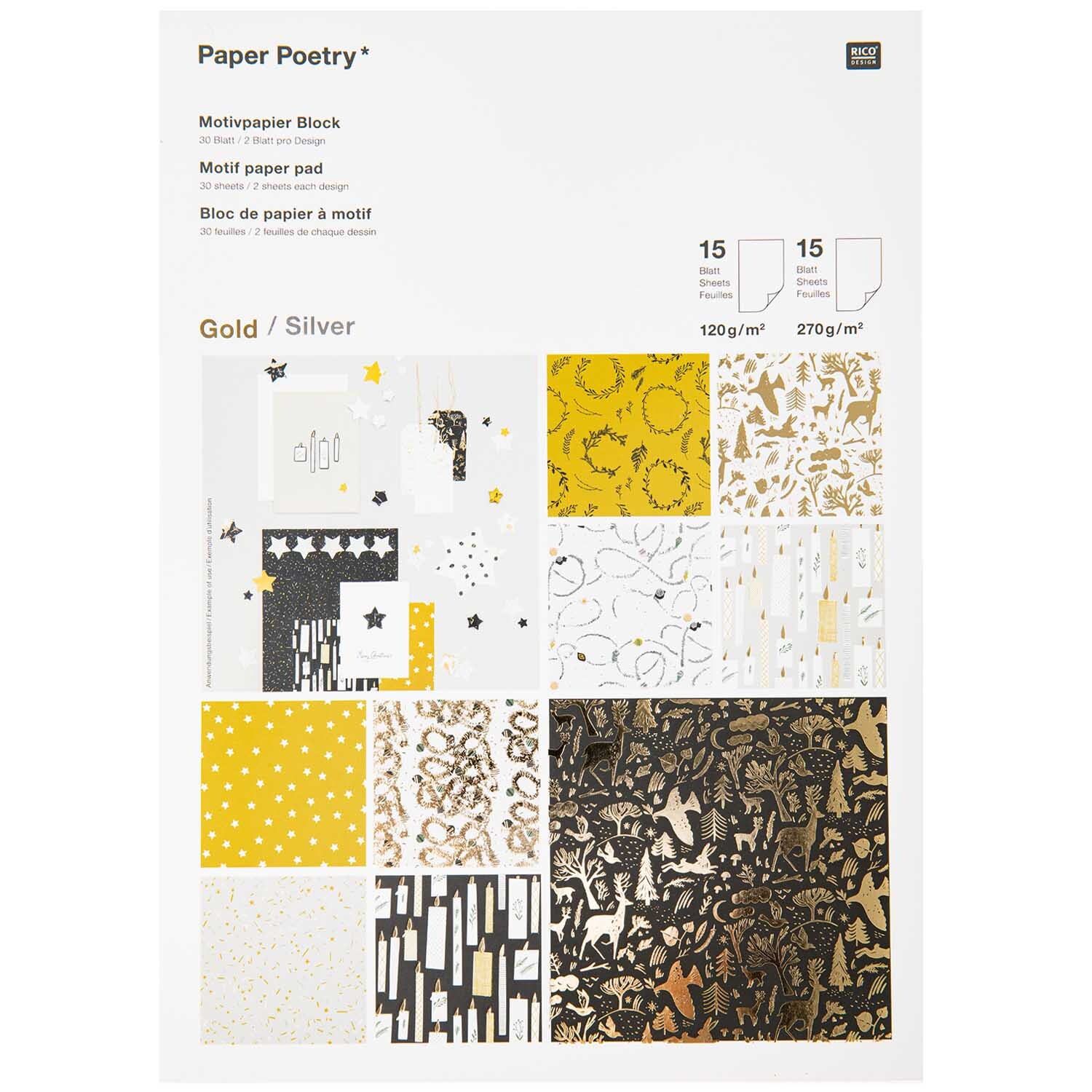 Paper Poetry Motivpapier Nostalgic Christmas zeigt schwarz-goldene Designs auf 30 Blättern.
