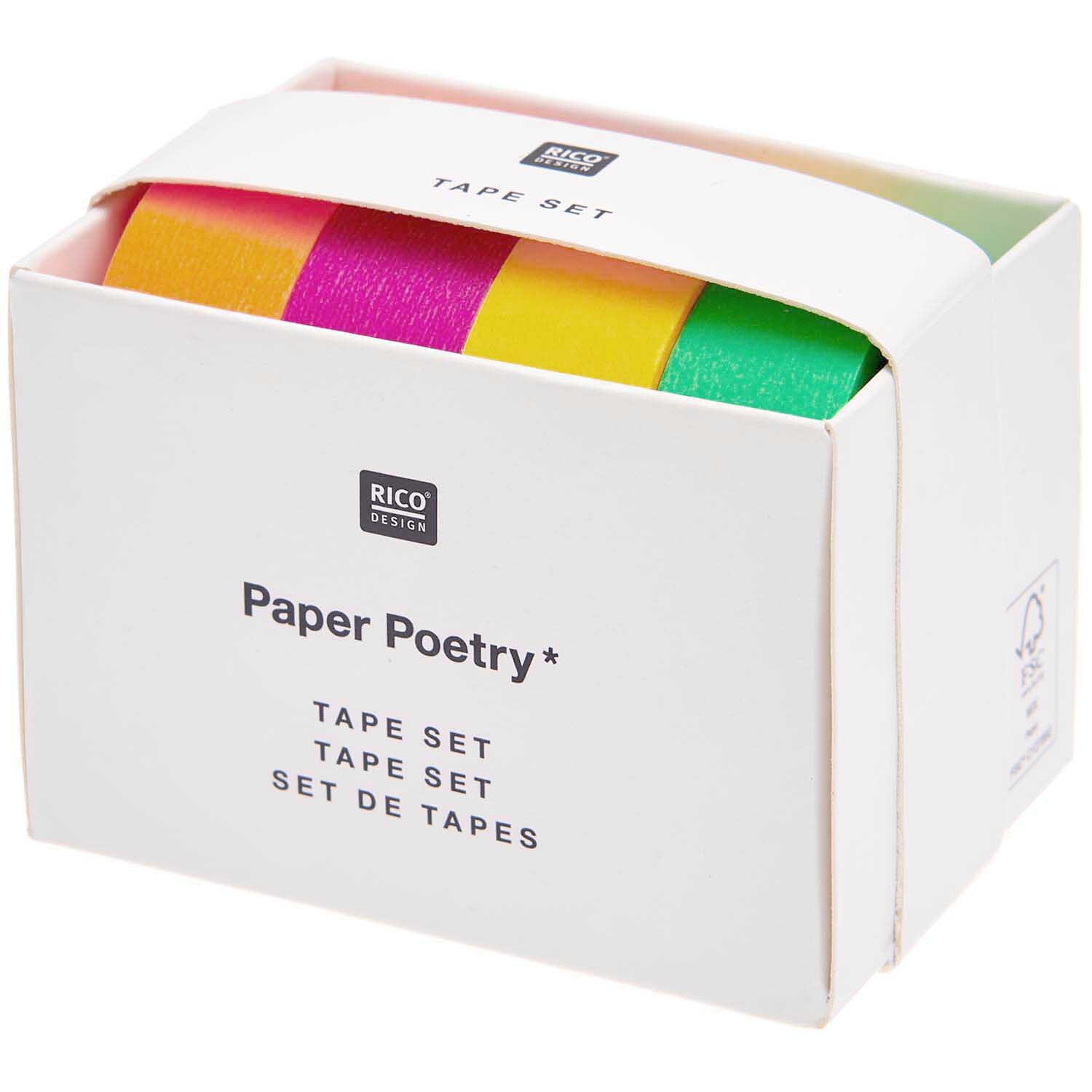 Paper Poetry Tape Set Neon klassisch 15mm 10m 4-teilig von Rico Design Paper Poetry Tape Set Neon klassisch 15mm 10m, 4-teilig, in leuchtenden Farben von Rico Design in einer weißen Verpackung.