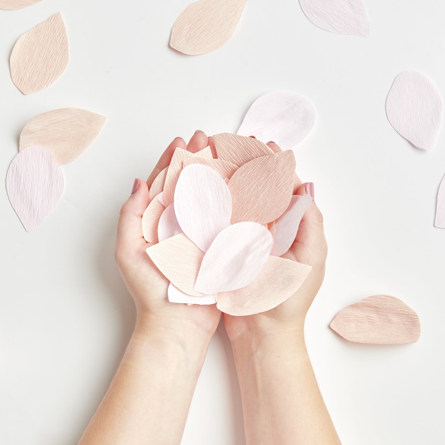 Krepp-Konfetti Rosenblätter groß 20g Farbe Rosa von Rico Design Krepp-Konfetti Rosenblätter groß: Hände halten zarte, rosa Blätter von Rico Design, ideal für Dekorationen.