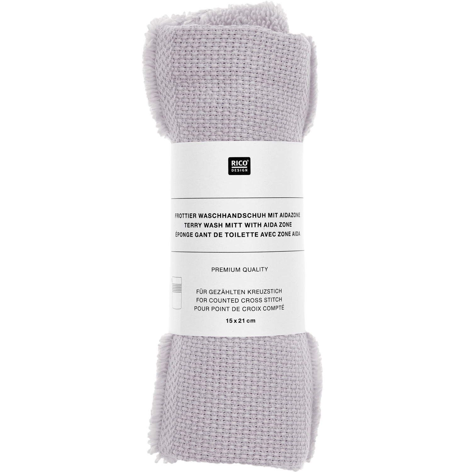 Gant de toilette 15x21cm, GOTS Couleur Lilas from Rico Design Waschhandschuh in Flieder von Rico Design, 15x21cm, GOTS-zertifiziert, aufgerollt mit Etikett.