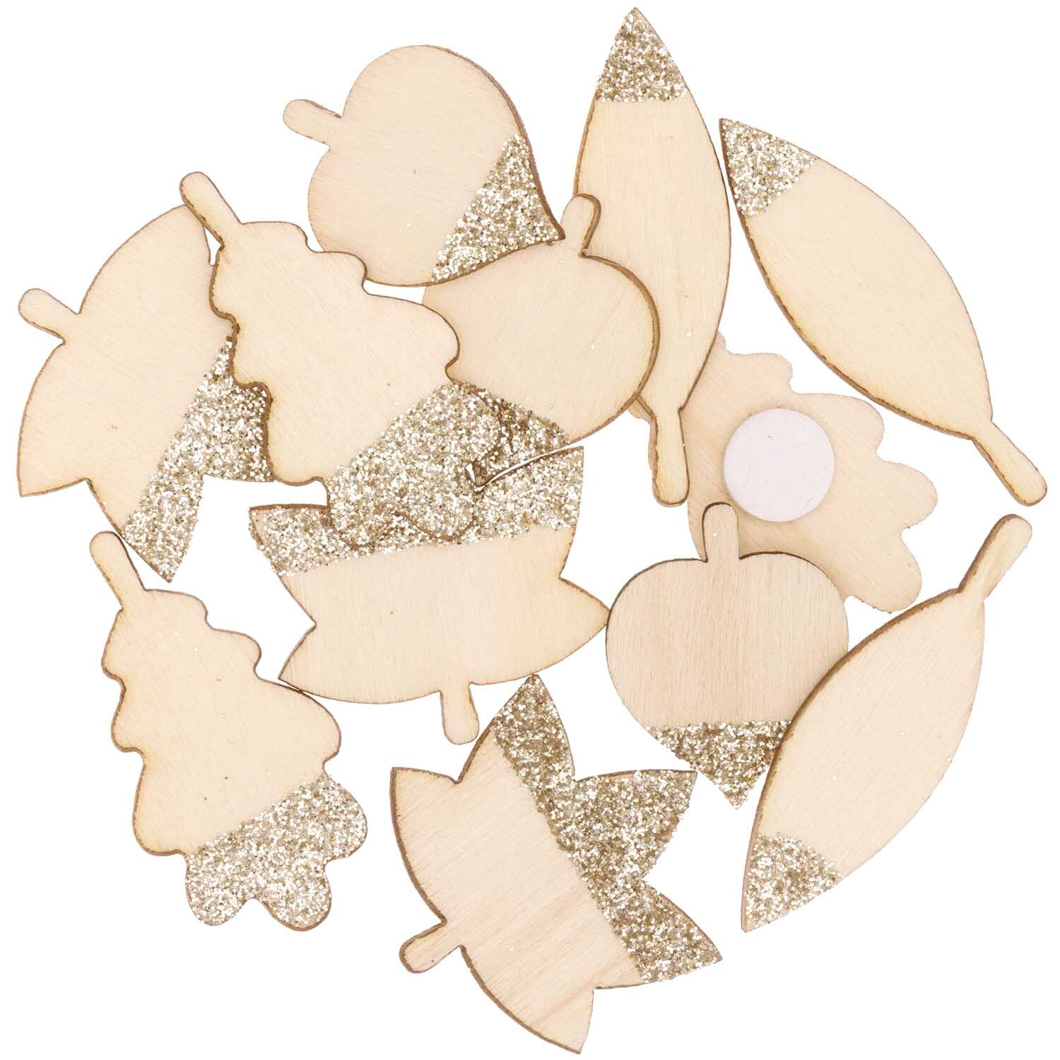 Holzsticker Blätter Mix mit Glitter natur-gold, 12 Stück von Rico Design. Verschiedene Blattformen mit glitzernden Akzenten.