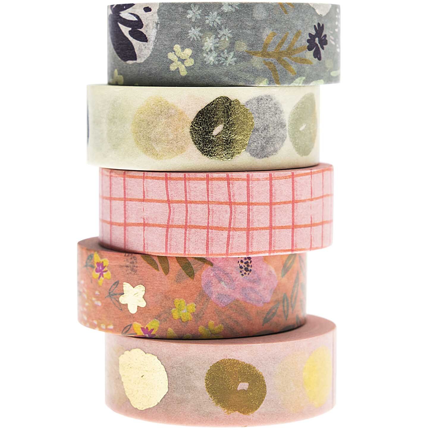Paper Poetry Tape-Set mit fünf dekorativen Washi-Tapes in floralen und geometrischen Mustern. Ideal für kreative Projekte.
