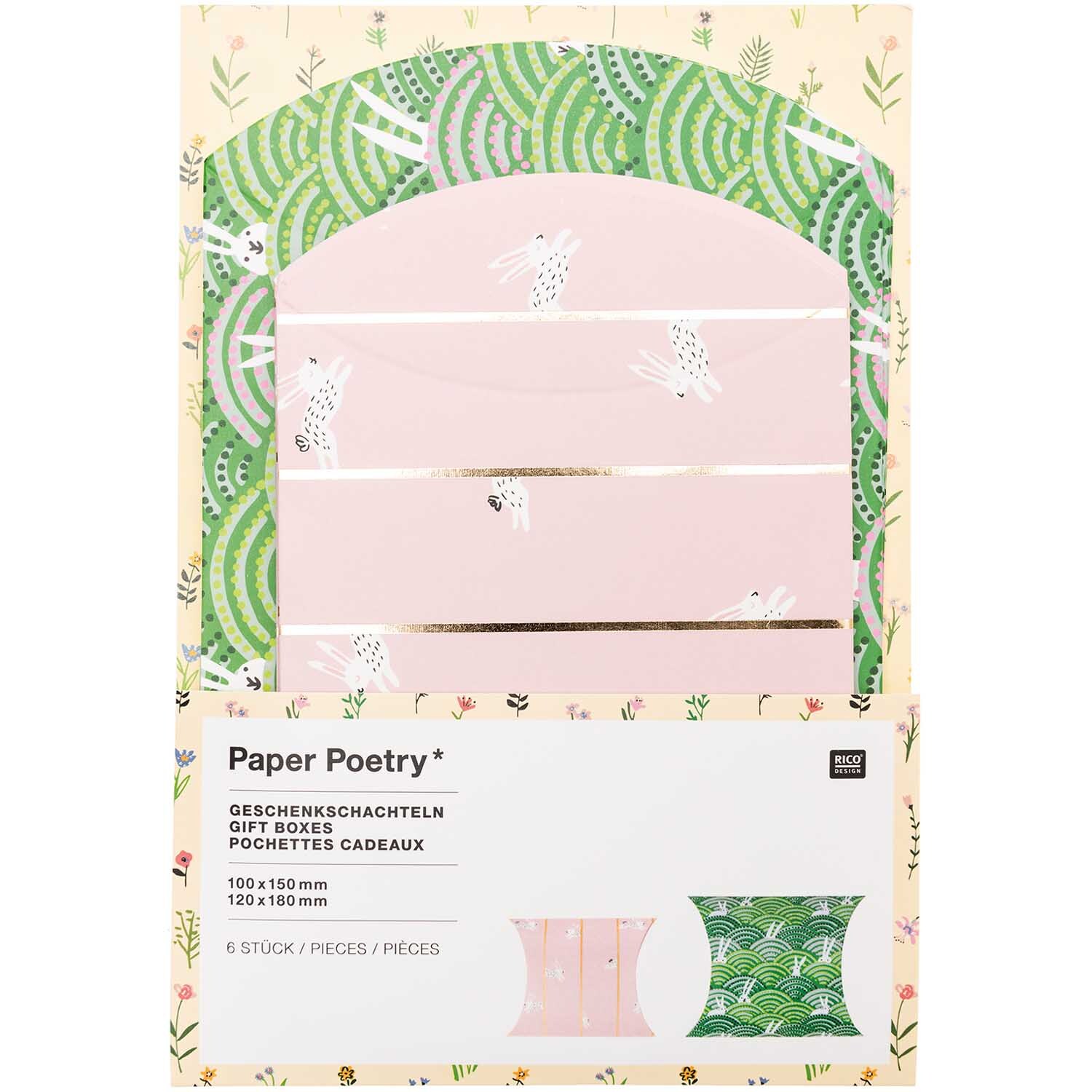 Paper Poetry Geschenkschachteln Bunny Hop, 6 Stück, mit fröhlichen Hasenmotiven auf rosa und grünem Hintergrund, ideal für Geschenke.