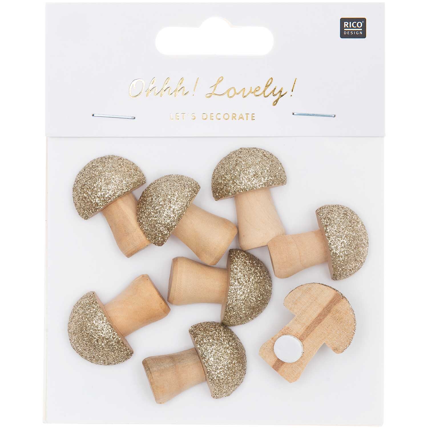 Holzsticker Pilz mit Glitter natur-gold 8 Stück von Rico Design