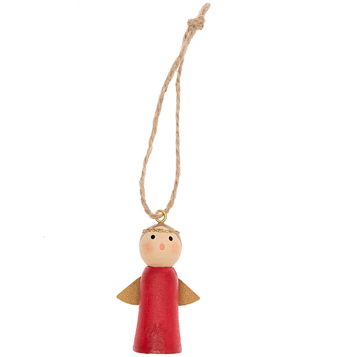 Holzhänger Engel rot 5cm von Rico Design: Ein roter Holzengel mit goldenen Flügeln und Aufhängeschnur.
