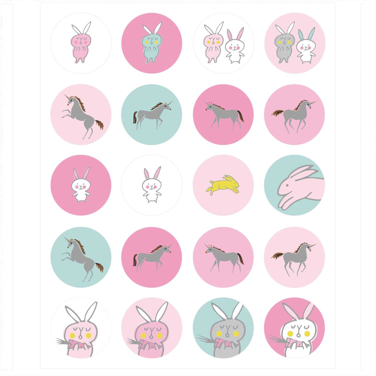 Paper Poetry stickers bunnies 6 sheets from Rico Design Paper Poetry Sticker Hasen 6 Blatt zeigt bunte Hasen- und Einhornmotive auf runden Aufklebern. Ideal für kreative Bastelprojekte.