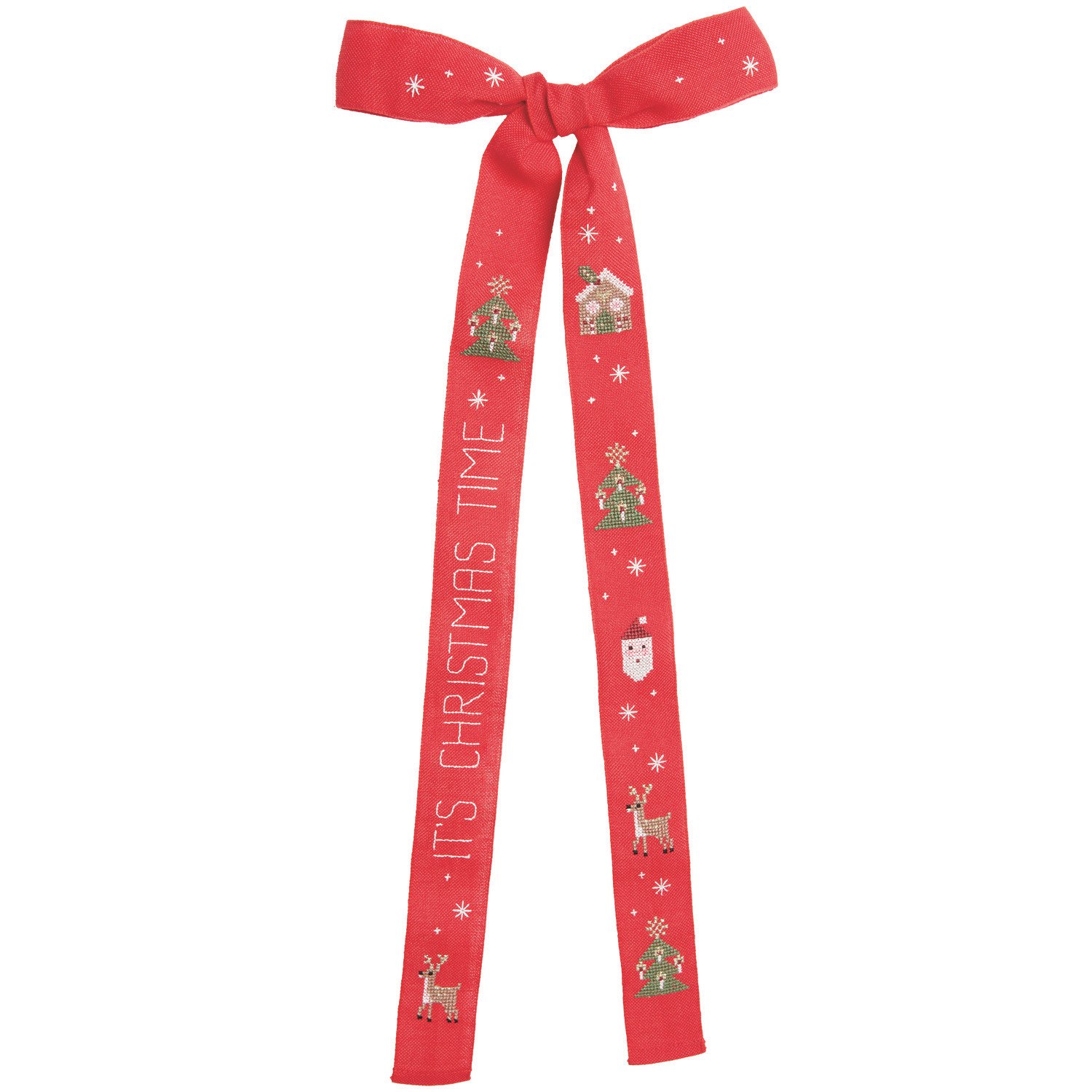Stickpackung Schleife It's Christmas Time: Rote Schleife mit weihnachtlichen Motiven, 22x58cm, von Rico Design. Perfekt für festliche Dekorationen.