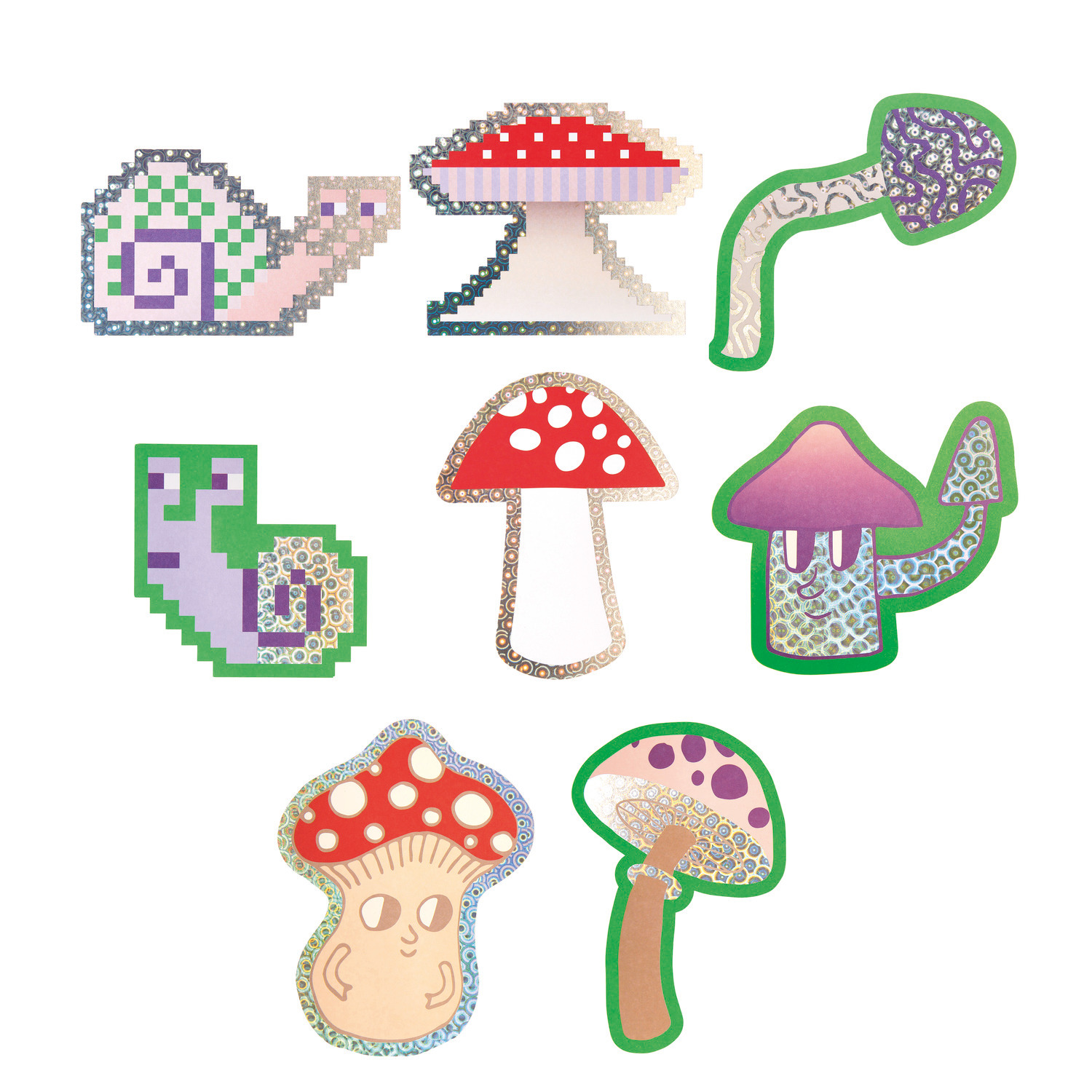 Paper Poetry Kartenset Shrooom: Bunte, pixelartige Pilz- und Schneckenmotive, 24-teilig von Rico Design.