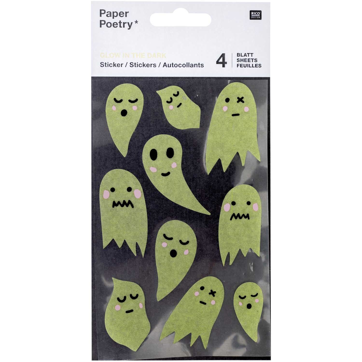 Paper Poetry Washi-Sticker Geister von Rico Design zeigen grüne Geister mit verschiedenen Gesichtsausdrücken.