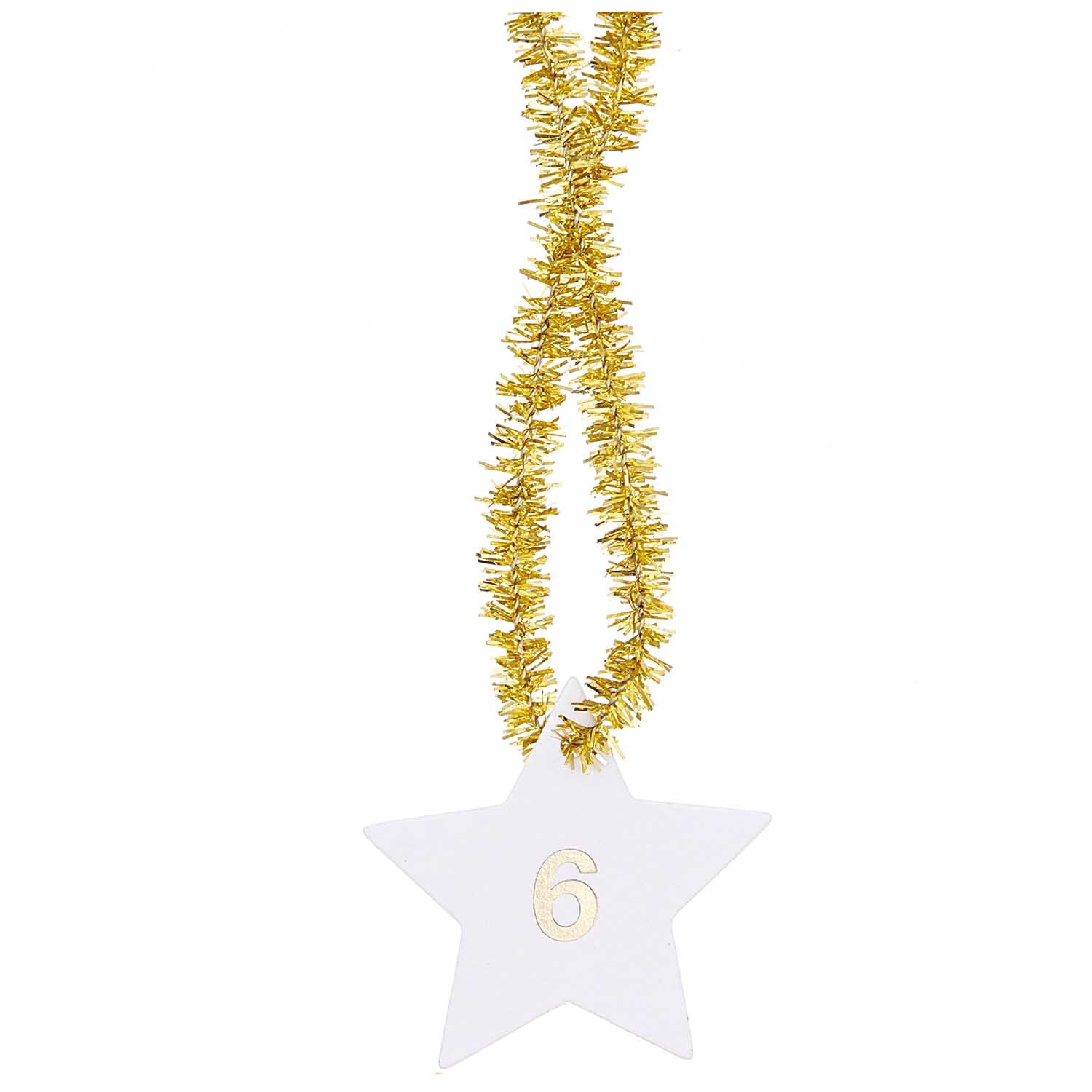 Paper Poetry Adventskalenderanhänger Sterne 24 Stück von Rico Design. Weißer Stern mit goldener Zahl und glitzerndem Band. Ideal für festliche Dekorationen.