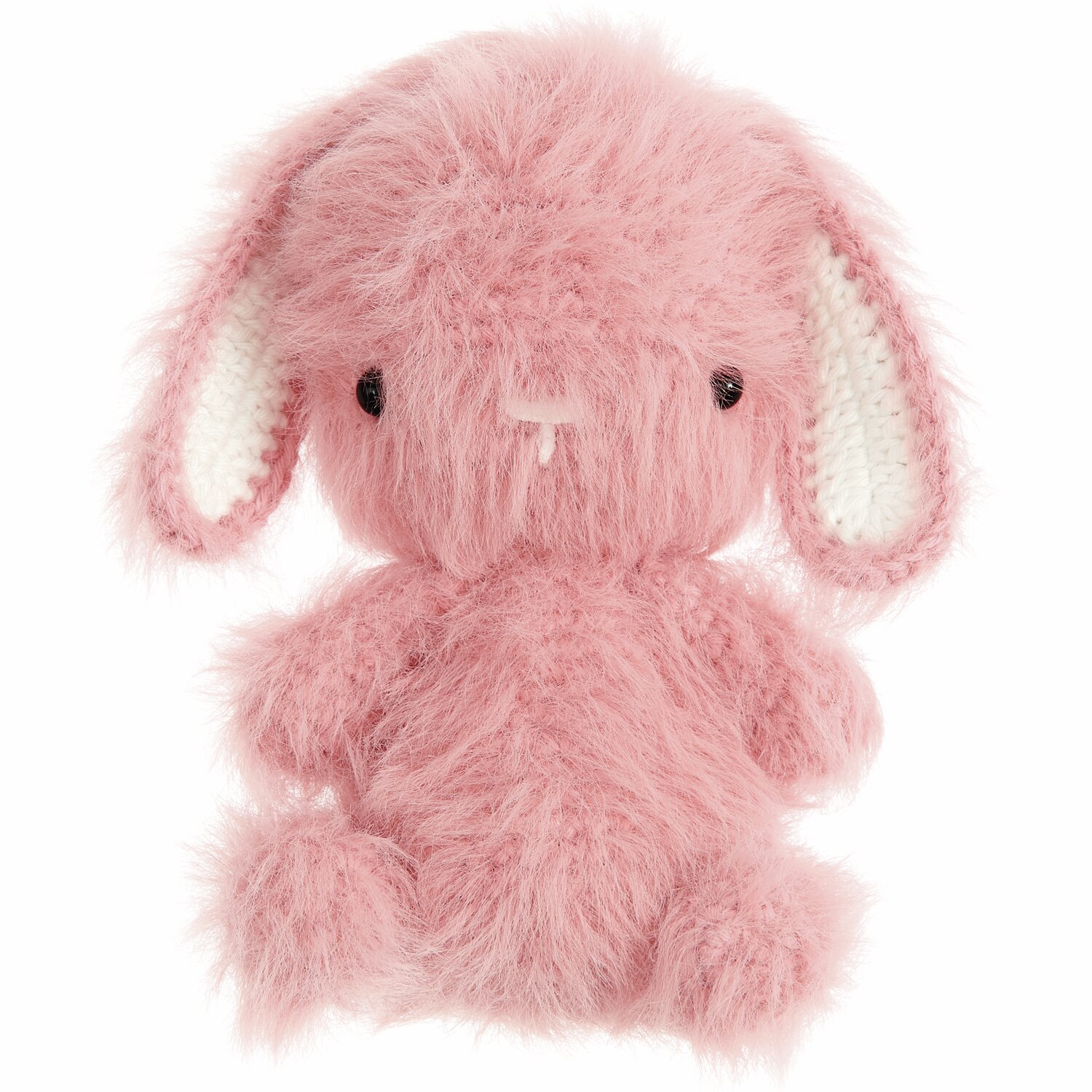 Ricorumi Furry Animals: Flauschiger rosa Hase mit schwarzen Sicherheitsaugen, gestrickt aus weichem Garn. Ideal für kreative Handarbeiten.