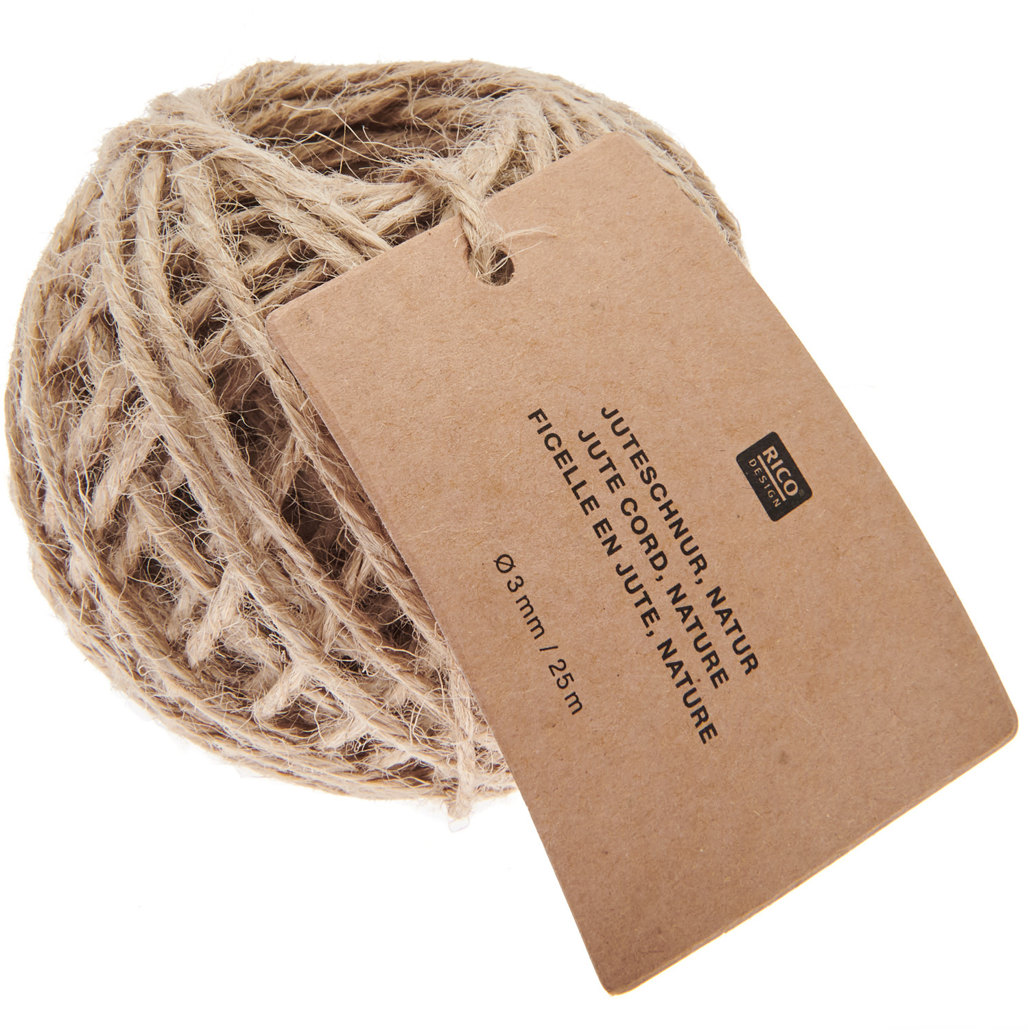 Juteschnur 3mm 25m Farbe Natur von Rico Design Juteschnur 3mm 25m von Rico Design: Eine natürliche Juteschnur auf einer Rolle mit Etikett. Ideal für Bastelprojekte und Dekorationen.