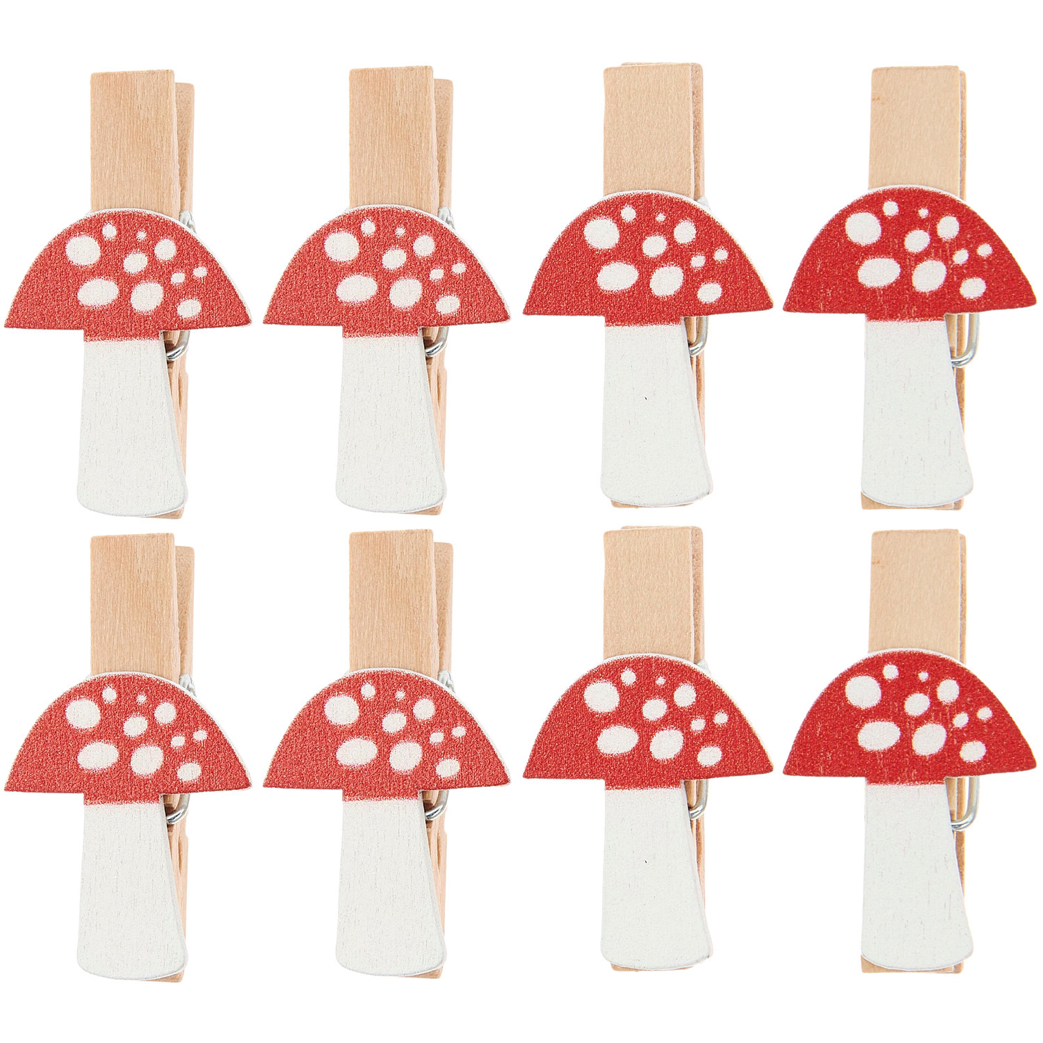Holzclips Fliegenpilz 8 Stück, 20x35mm Farbe Weiß-rot von Rico Design Holzclips Fliegenpilz, 8 Stück, 20x35mm, dekorative Clips in Pilzform, ideal für Bastelprojekte.