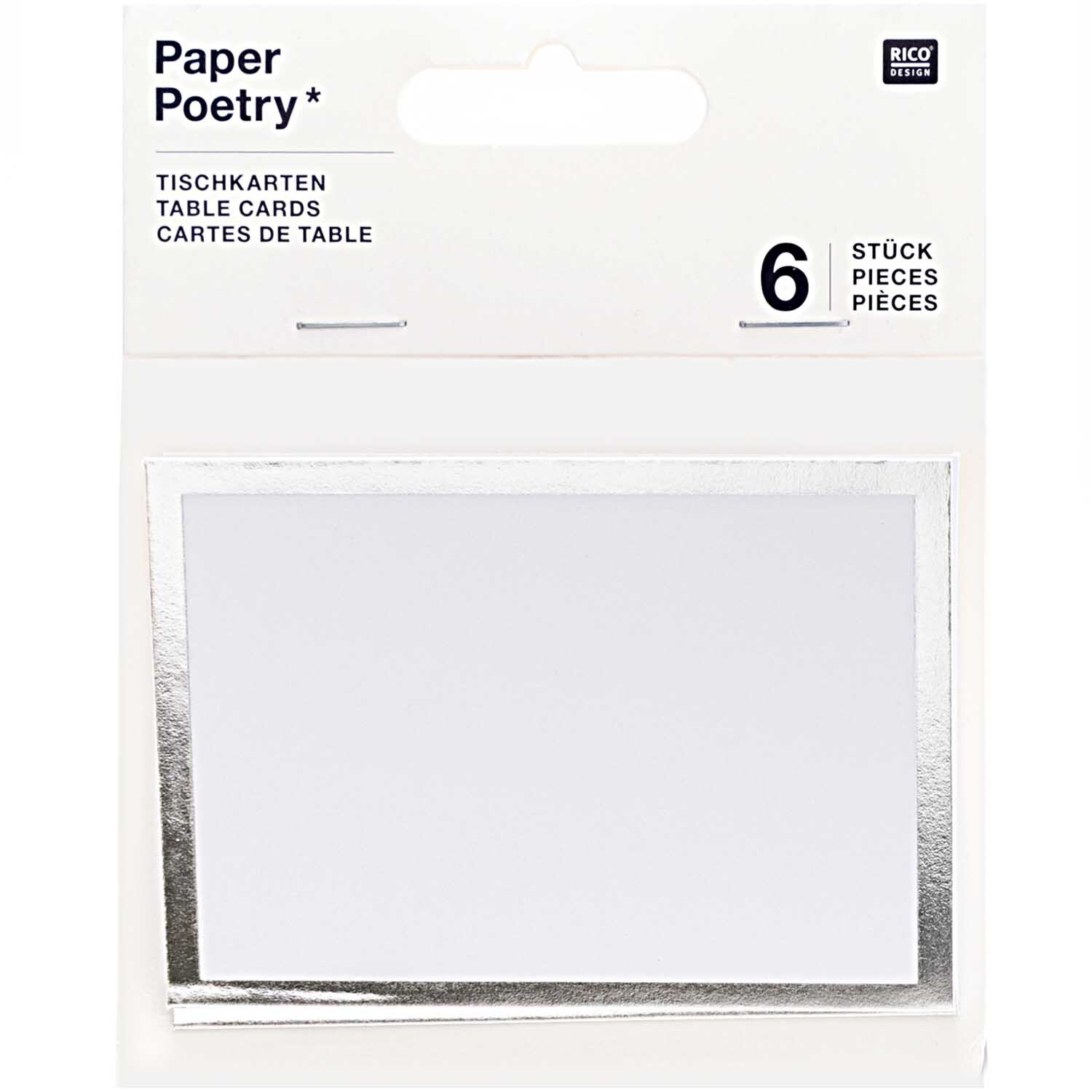 Paper Poetry Tischkarten mit Hot Foil 9x12,7cm 6 Stück Farbe Silber von Rico Design Paper Poetry Tischkarten mit silbernem Rand, 6 Stück von Rico Design, ideal für elegante Anlässe.