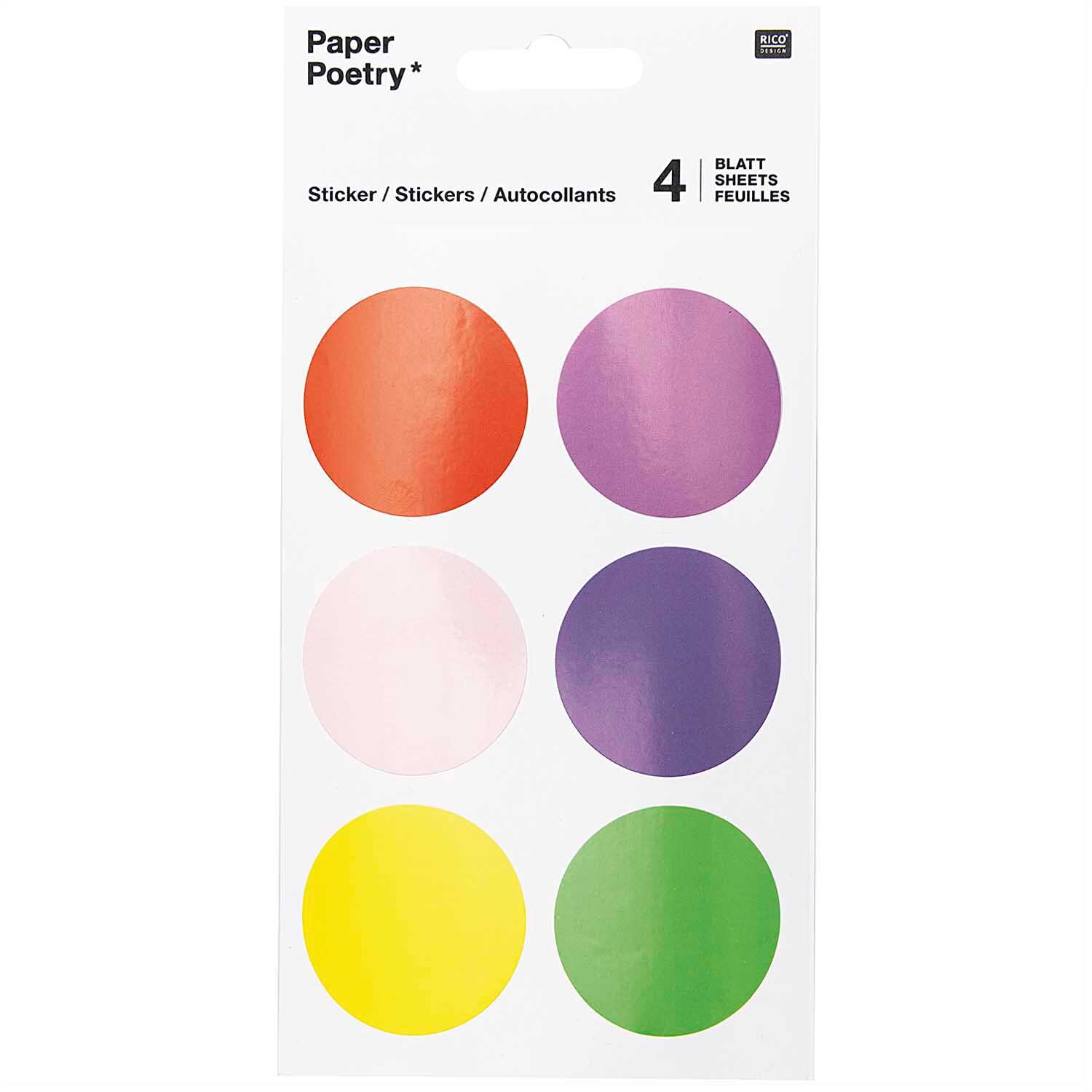 Paper Poetry Sticker Kreise bunt 24 Stück, Mehrfarbig, von Rico Design. Sechs bunte Kreise auf weißem Hintergrund.
