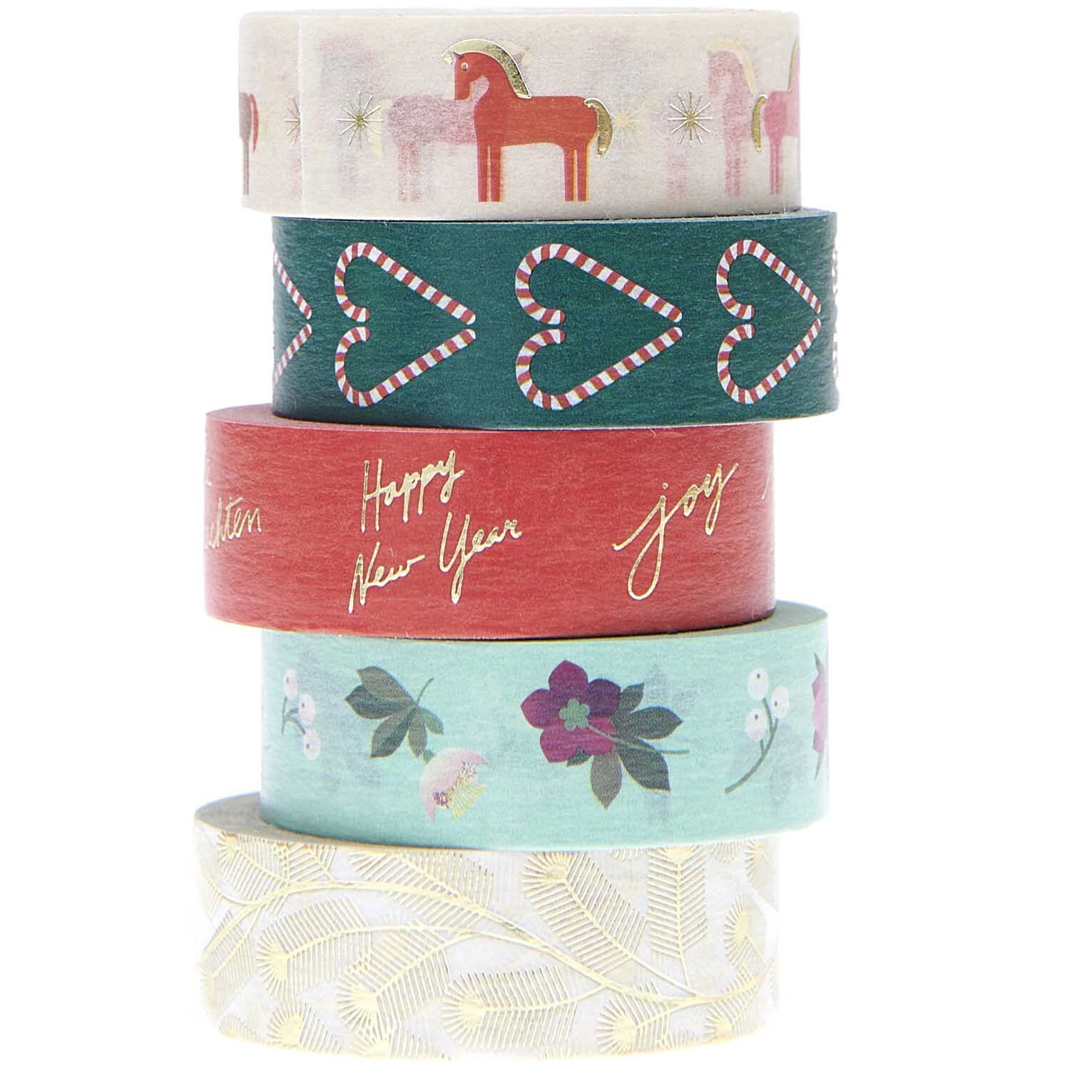Paper Poetry Tape Set Figuren 1,5cm 10m: Fünf dekorative Klebebänder mit Mustern wie Herzen, Pferden und Blumen. Ideal für kreative Projekte.