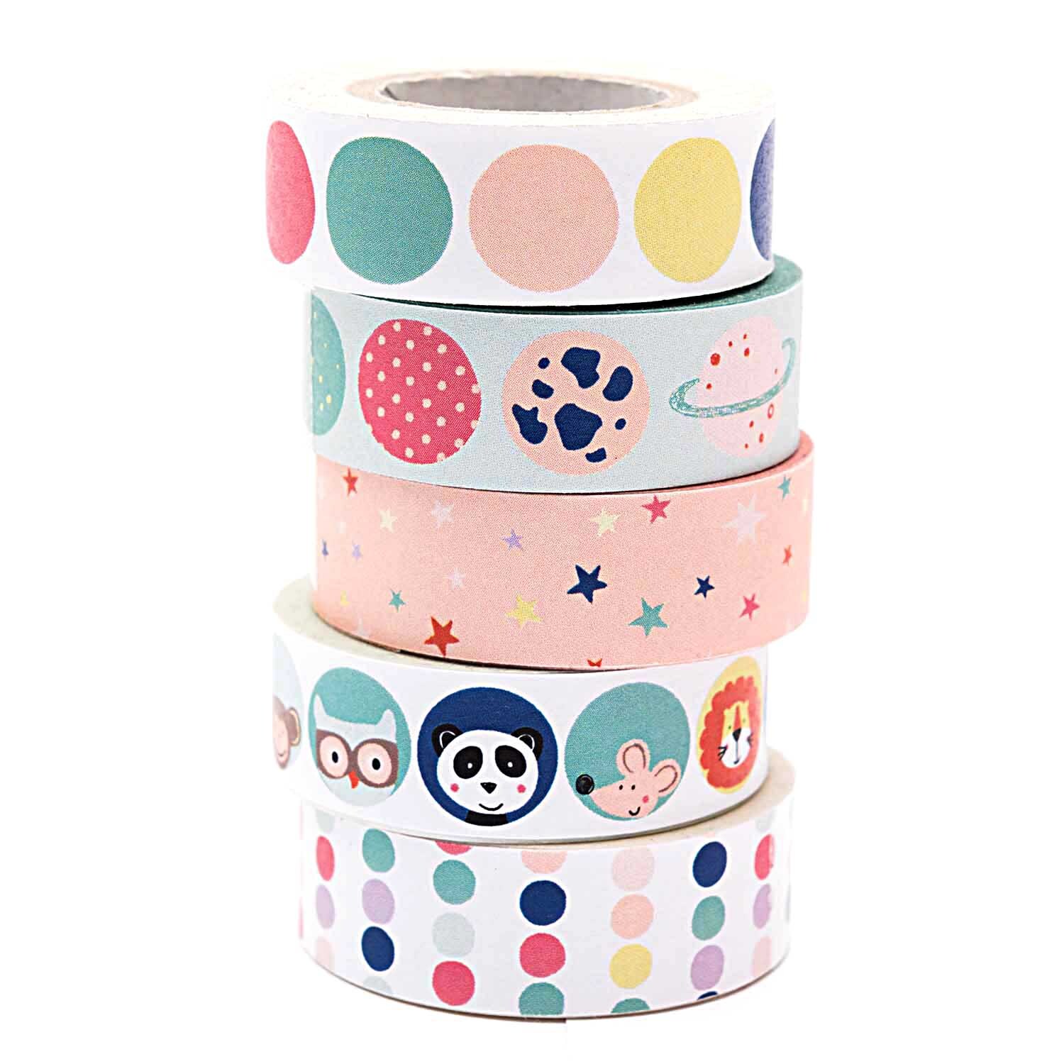 Paper Poetry Tape Set kleine Astronauten, 5-teilig, mit bunten Mustern von Tieren und Planeten. Ideal für kreative Projekte.