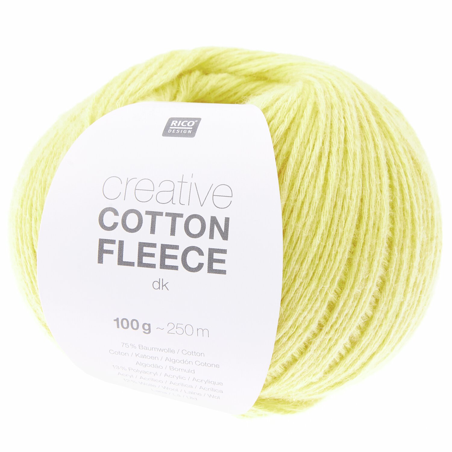 Creative Cotton Fleece dk 100g 250m Couleur Citron from Rico Design Creative Cotton Fleece dk, gelbes Garn von Rico Design, 100g, 250m, ideal für Strickprojekte.