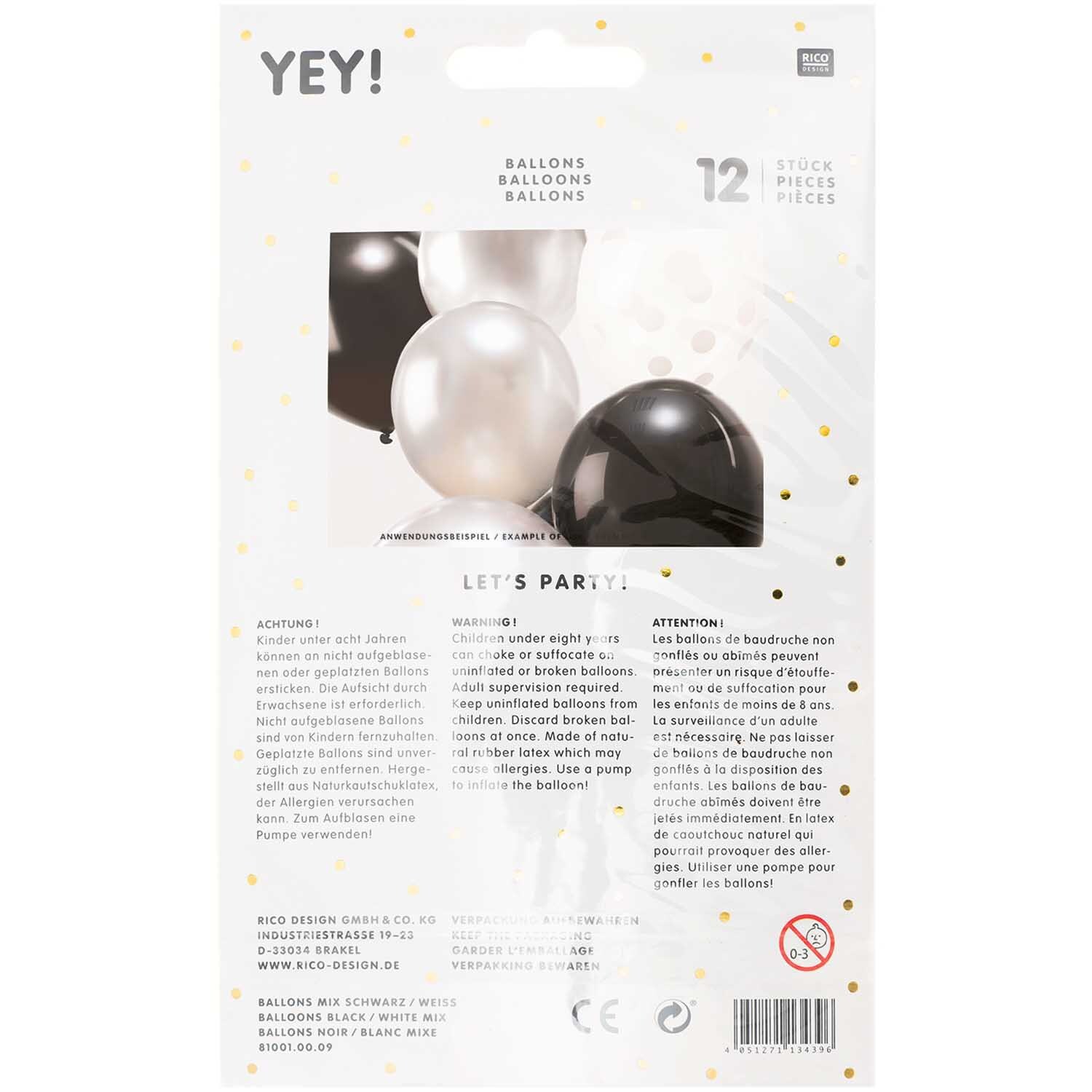 Luftballon Mix schwarz-weiß 30cm 12 Stück von Rico Design Luftballon Mix schwarz-weiß 30cm 12 Stück von Rico Design. Abgebildet sind schwarze und weiße Ballons in einer Verpackung. Ideal für Partys.