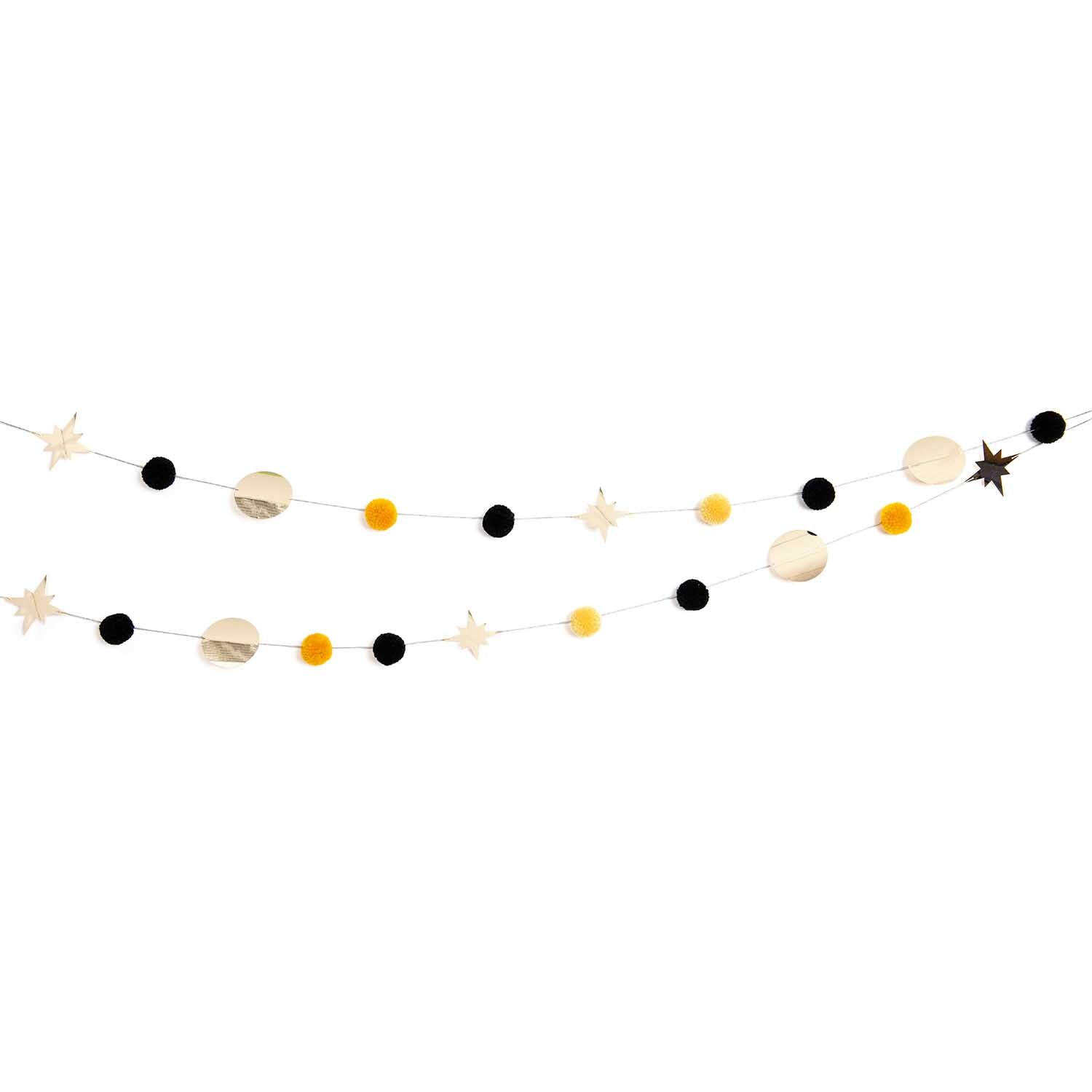 Garnpompon-Girlande gold-schwarz 2,2m von Rico Design mit goldenen und schwarzen Pompons und Sternen. Ideal für festliche Dekorationen.