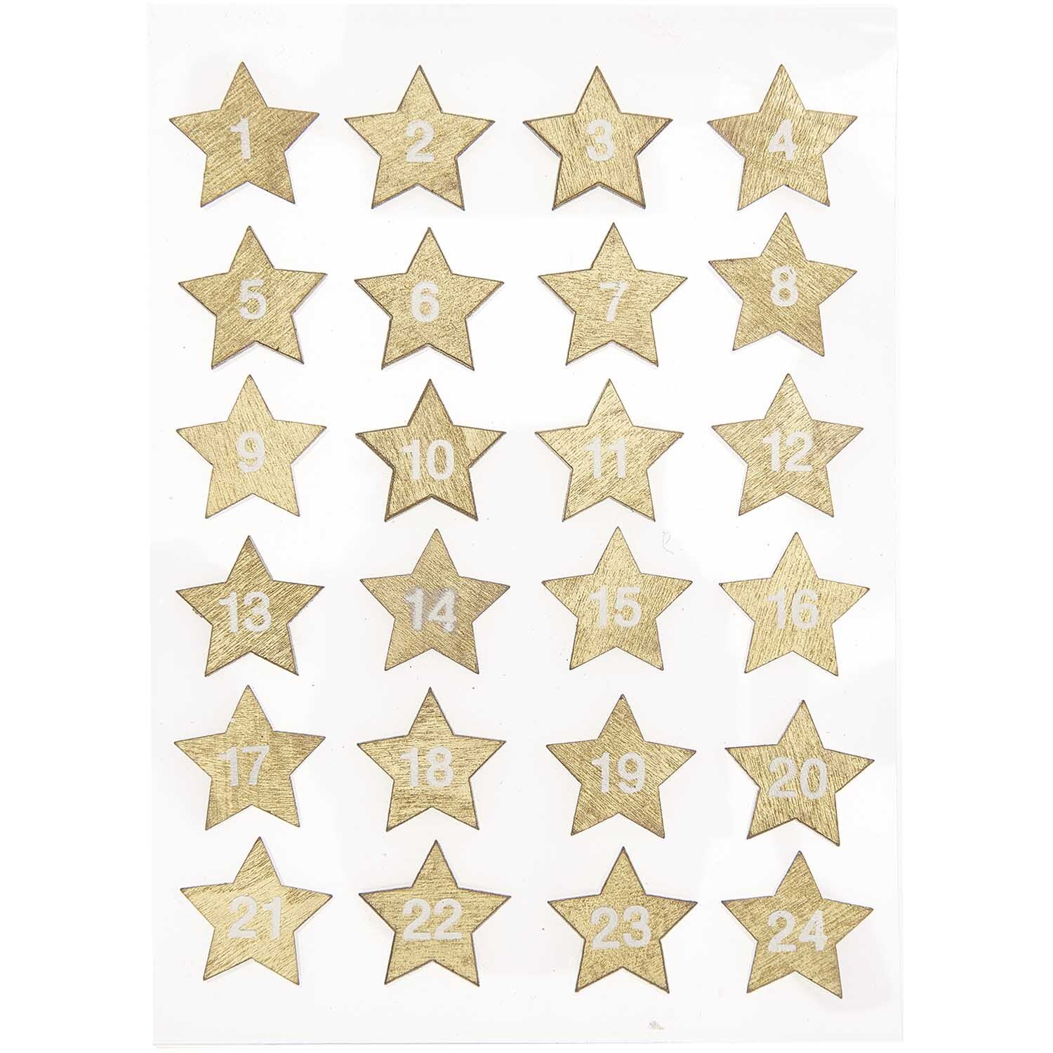 Holzsticker Adventskalender Sterne 1-24: Goldene Sterne von 1 bis 24 auf weißem Hintergrund. Ideal für festliche Dekorationen.
