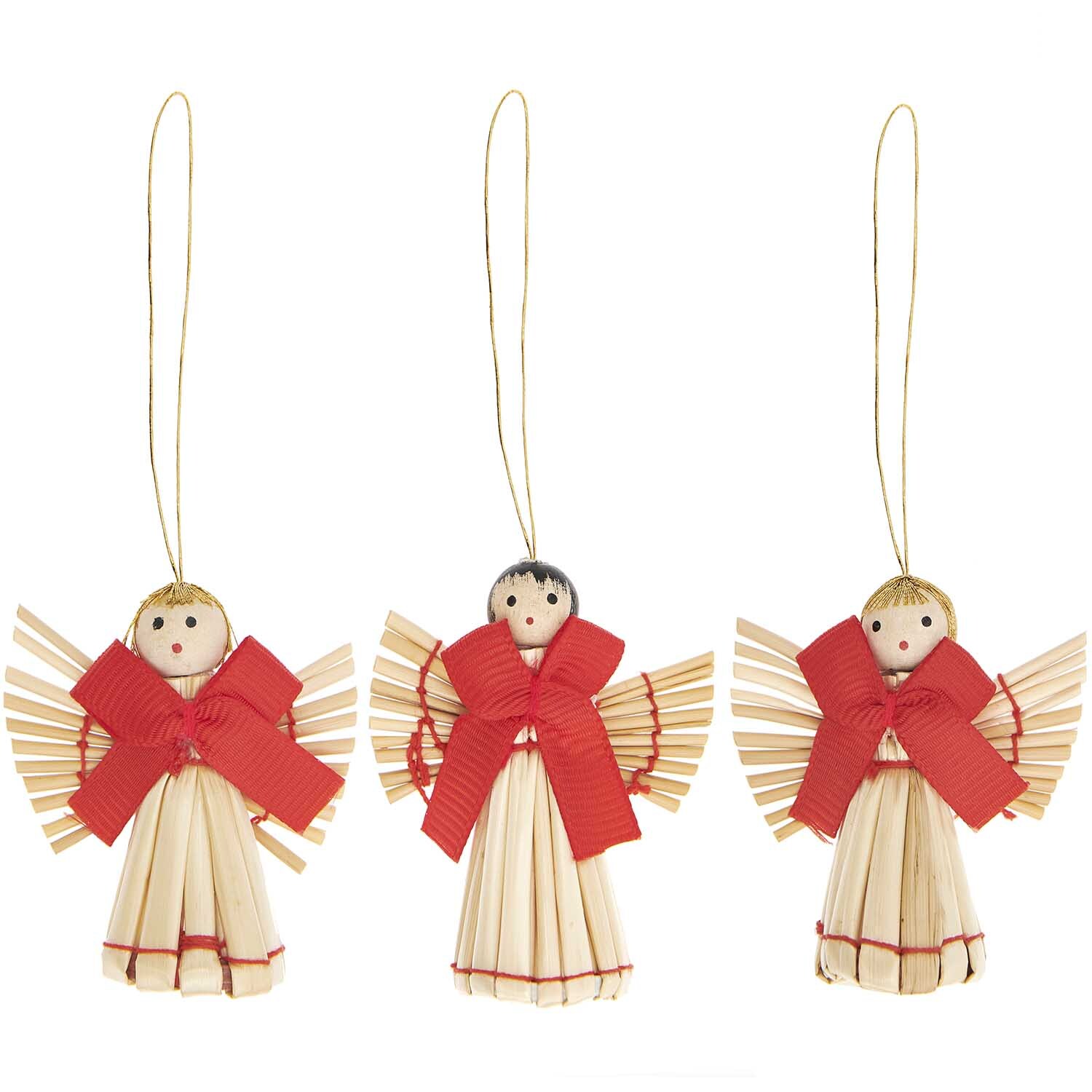 Strohengel-Set 5,5x5cm: Drei Engel aus Stroh mit roten Schleifen, ideal für Weihnachtsdekoration.