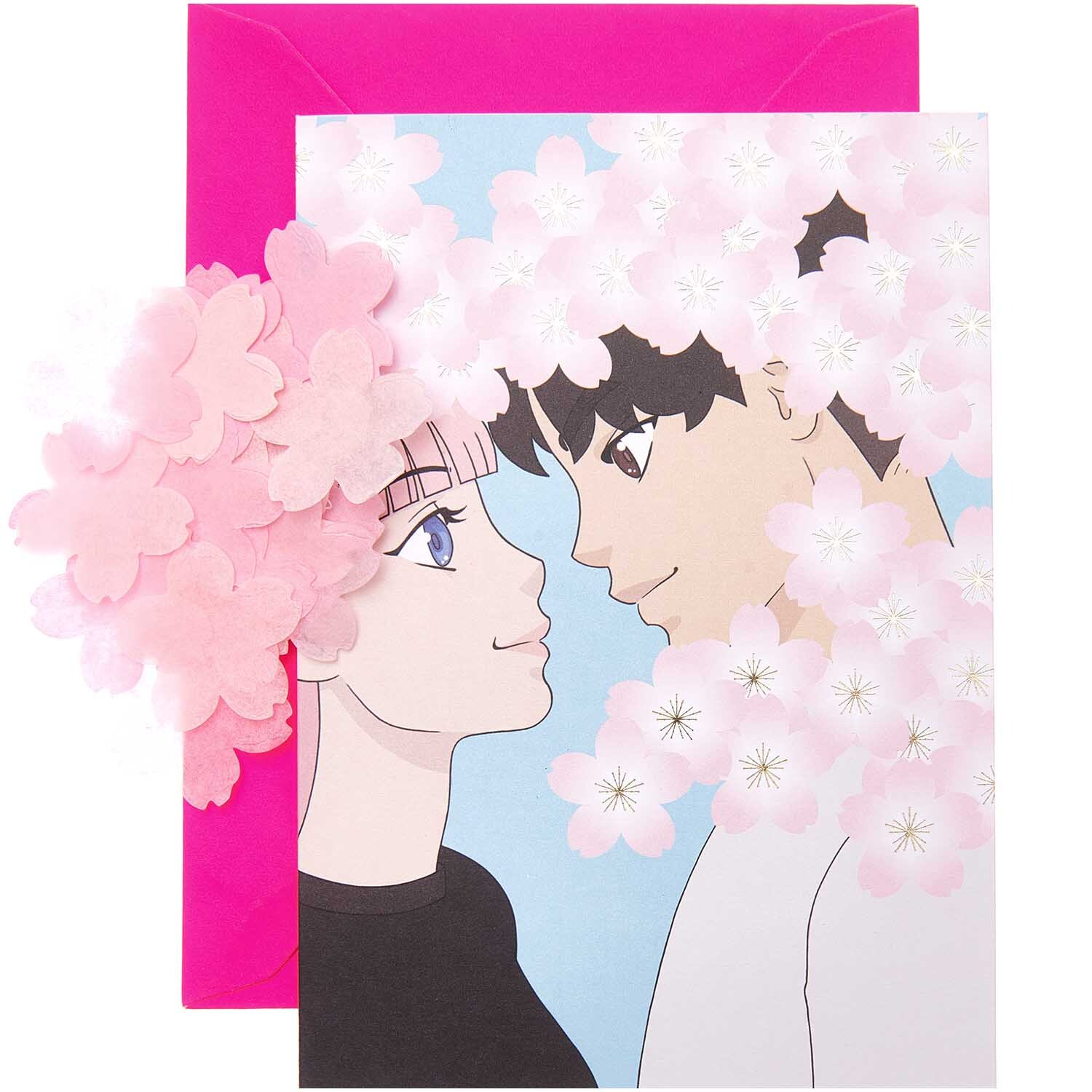 Paper Poetry Grußkartenset Manga Love zeigt ein Paar unter Kirschblüten mit einem pinken Umschlag.