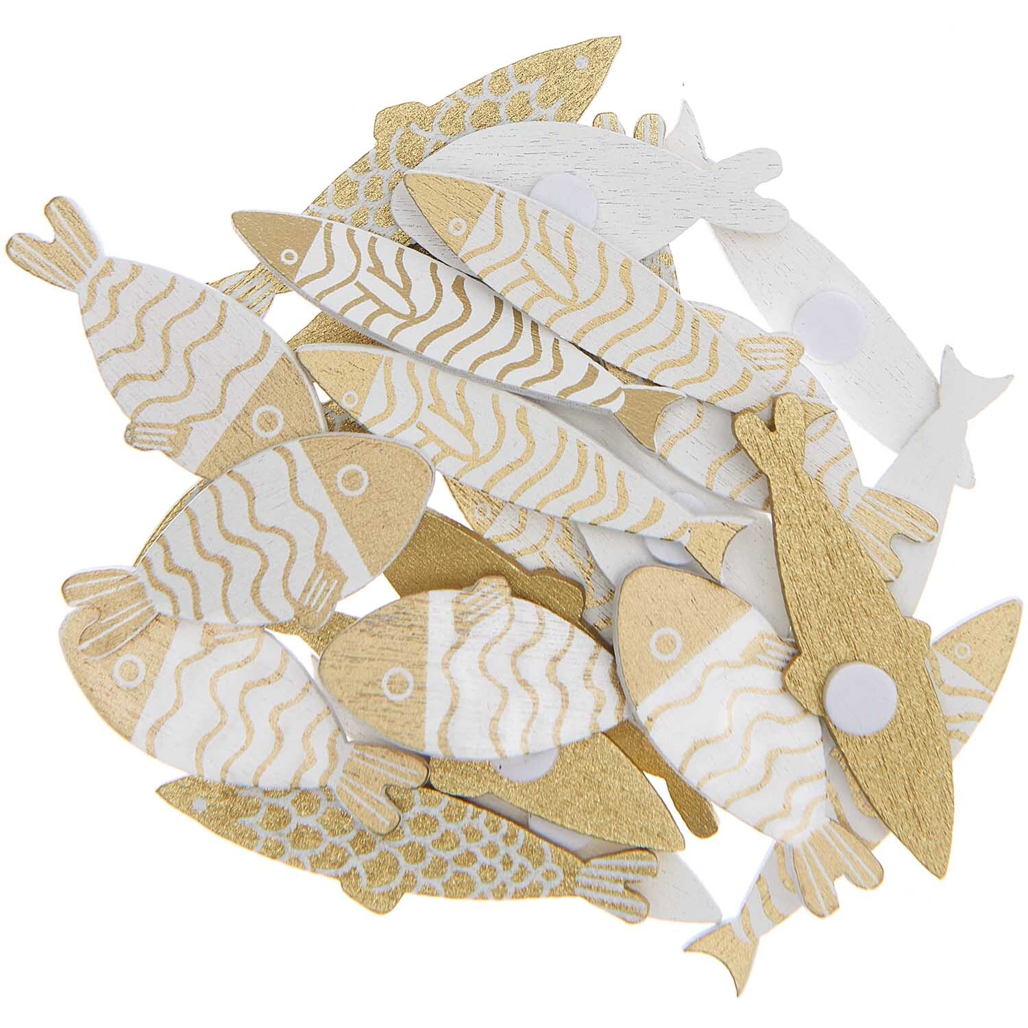 Holzsticker Fisch Mix gold-weiß 24 Stück von Rico Design. Verschiedene Fischformen in Gold und Weiß. Ideal für kreative Bastelprojekte.