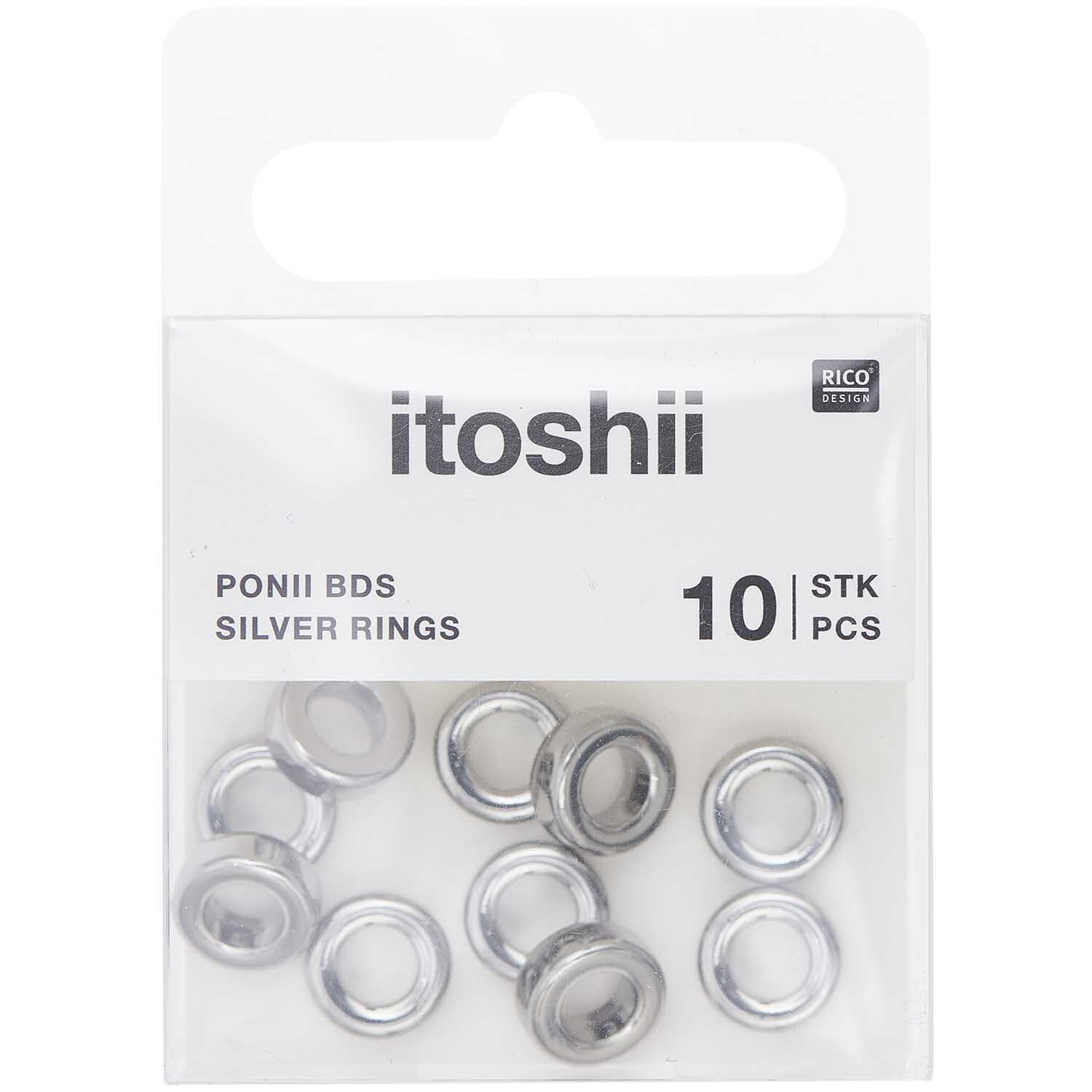 itoshii - Ponii Beads Ringe 9x3,5mm 10 Stück Farbe Silber von Rico Design Itoshii Ponii Beads Ringe in Silber, 10 Stück von Rico Design, in einer transparenten Verpackung.