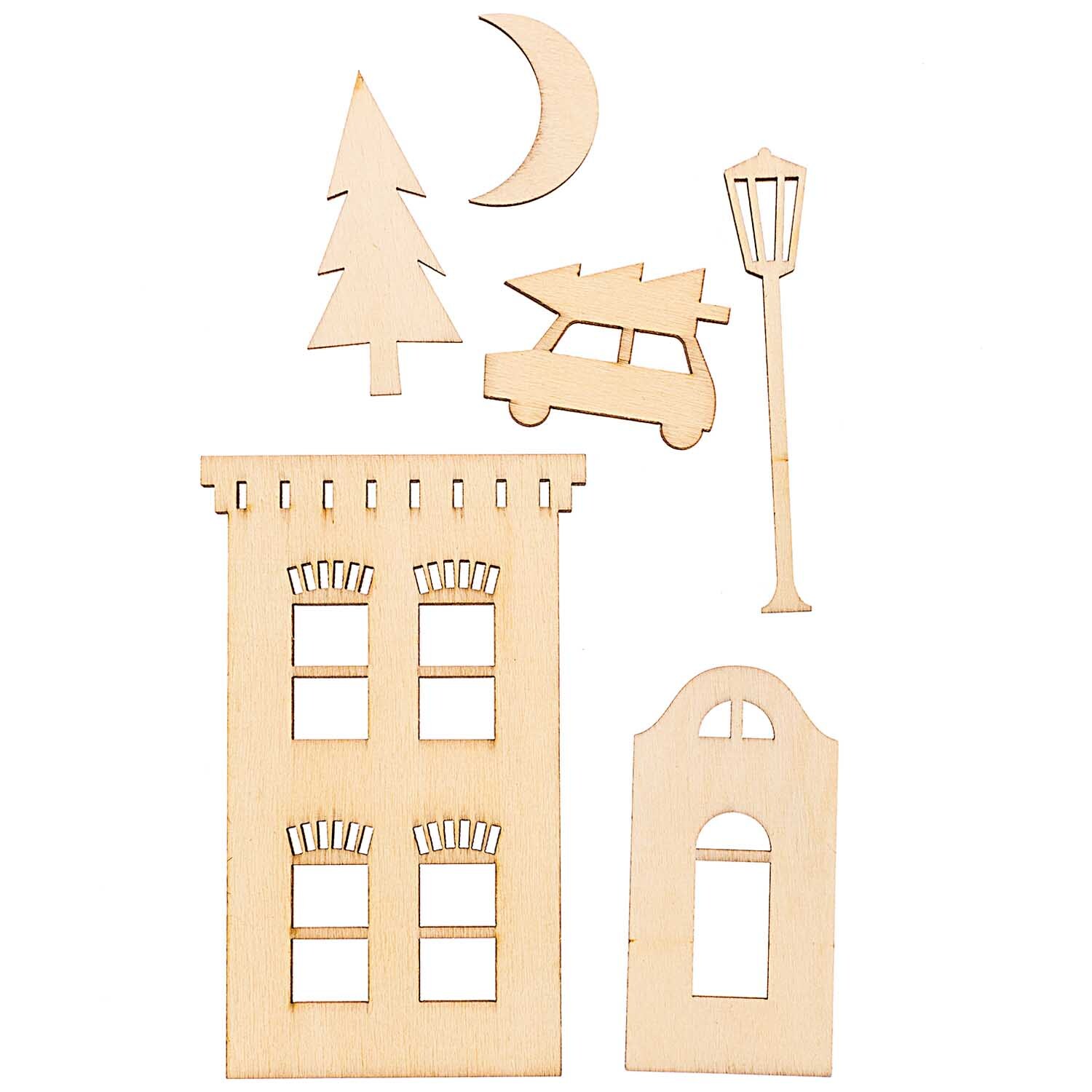 Holzdeko-Set Stadt für XL-Dekohaube: Sechs naturfarbene Holzelemente, darunter Haus, Baum, Auto und Laterne. Ideal für kreative Dekorationen.