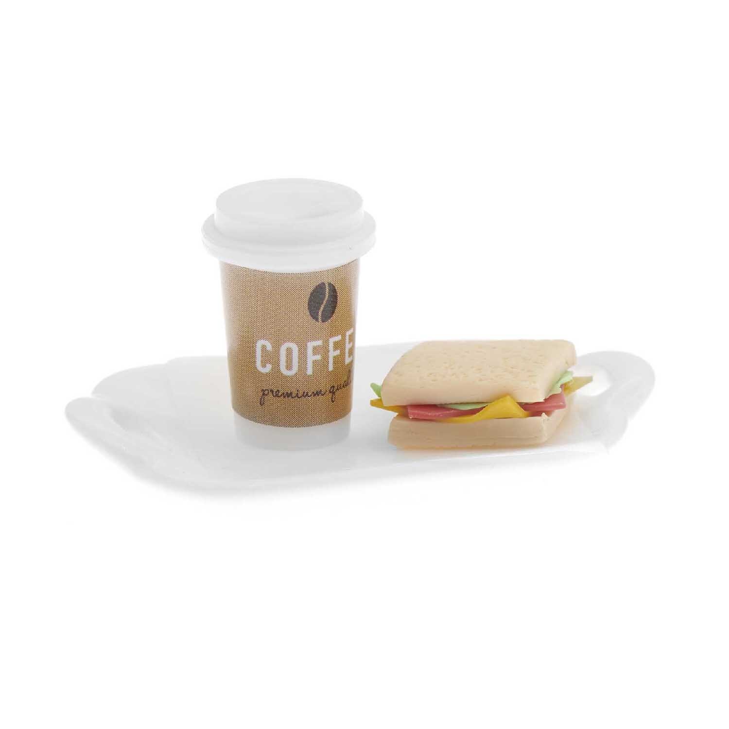Miniatur Sandwich Set: Ein 4-teiliges Set mit einem Sandwich und einem Kaffeebecher auf einem Tablett.