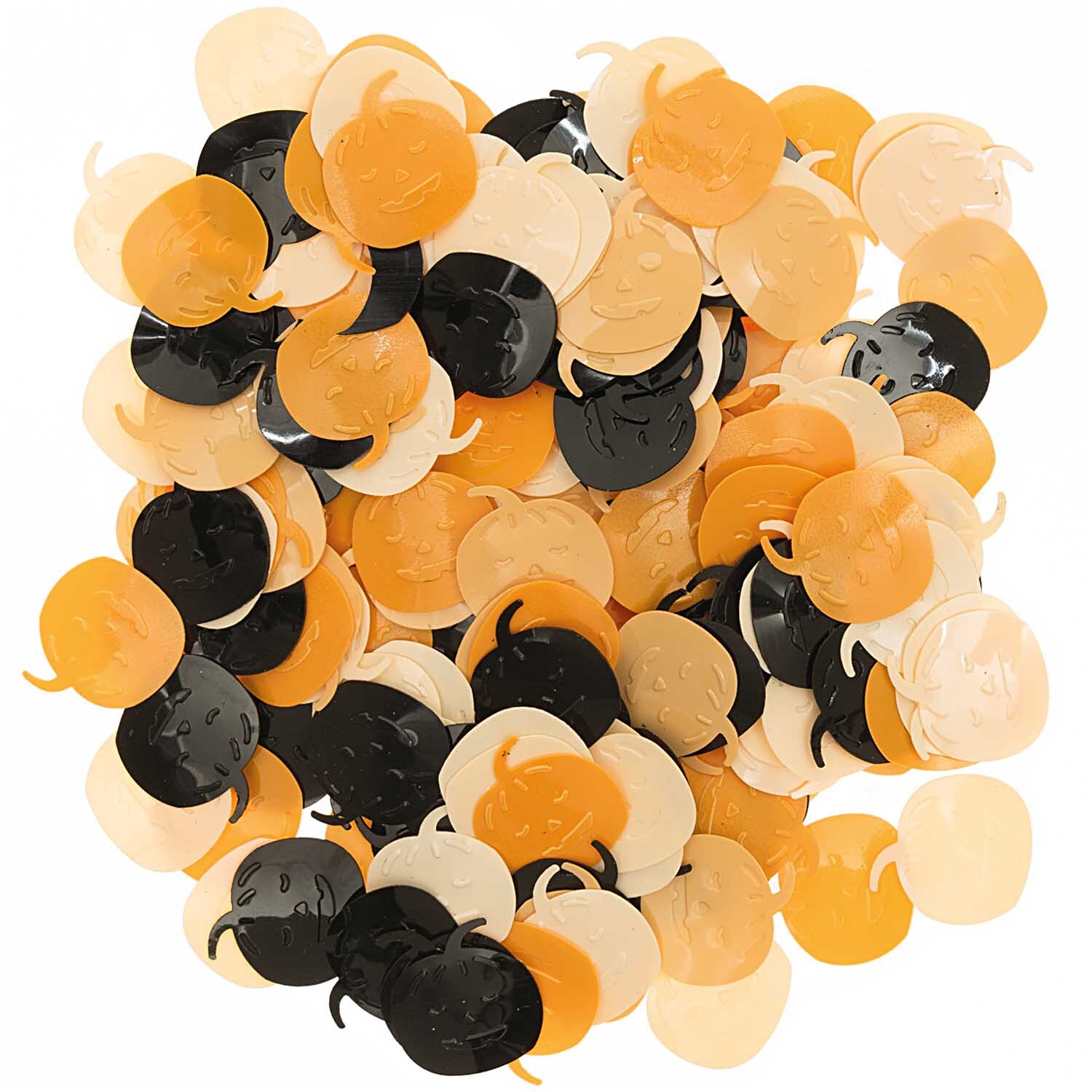 Flitterstreu Kürbis orange-schwarz 200 Stück von Rico Design zeigt Kürbis-Konfetti in Orange, Schwarz und Beige auf schwarzem Hintergrund.