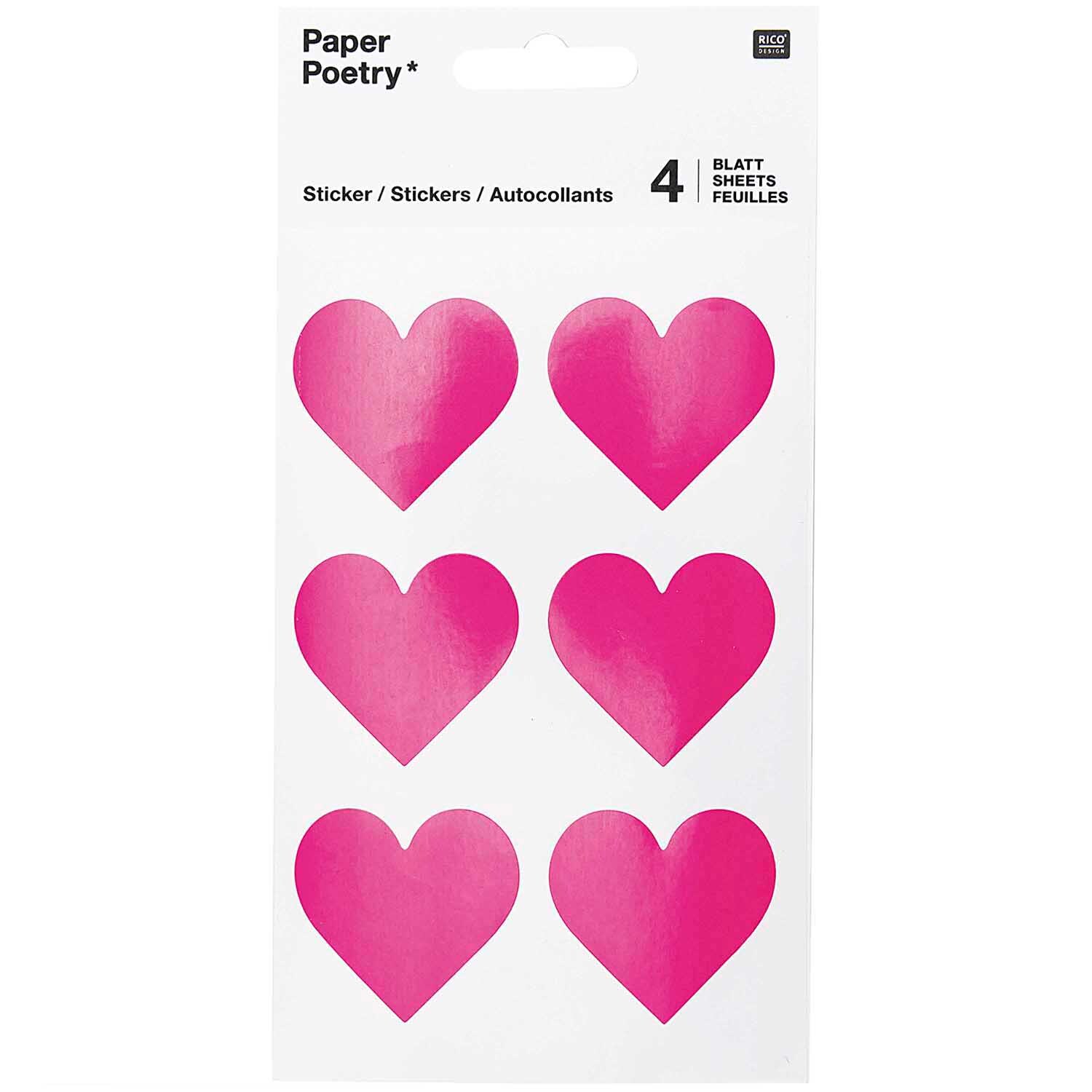 Paper Poetry Sticker Herzen neonpink 24 Stück: Sechs neonpinke Herzsticker von Rico Design auf weißem Hintergrund.