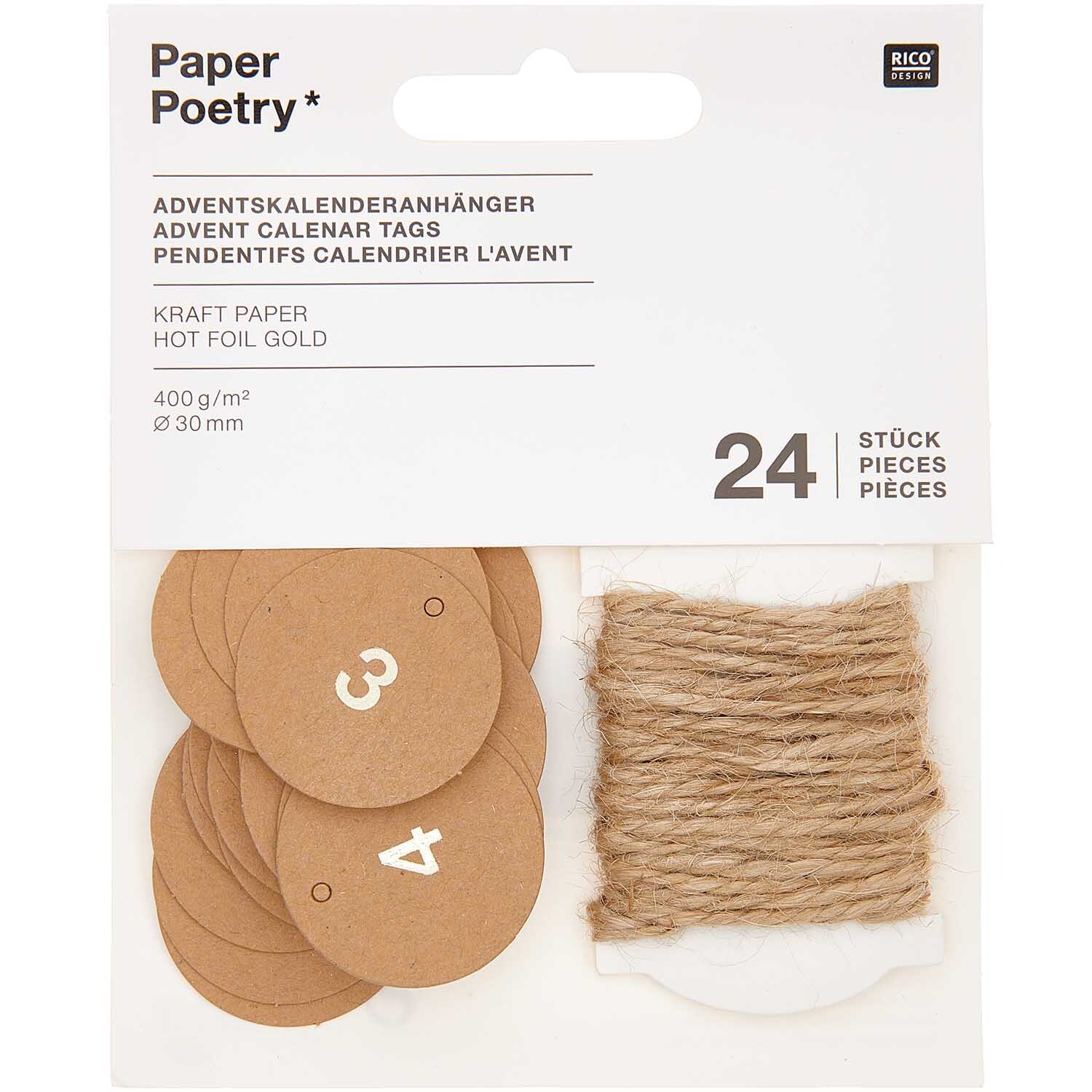 Paper Poetry Adventskalenderanhänger 24 Stück Farbe Kraftpapier von Rico Design