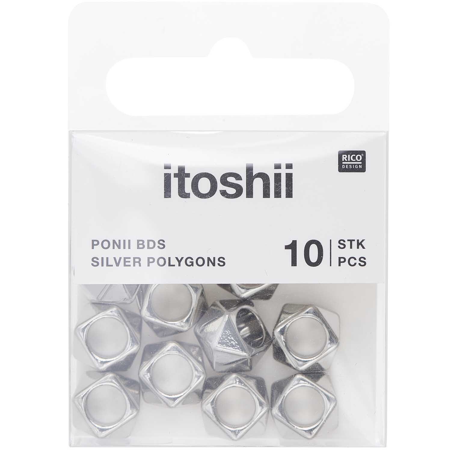 itoshii - Ponii Beads Polygone 11x7mm 10 Stück Farbe Silber von Rico Design Itoshii Ponii Beads Polygone in Silber, 11x7mm, 10 Stück, präsentiert in einer transparenten Verpackung.