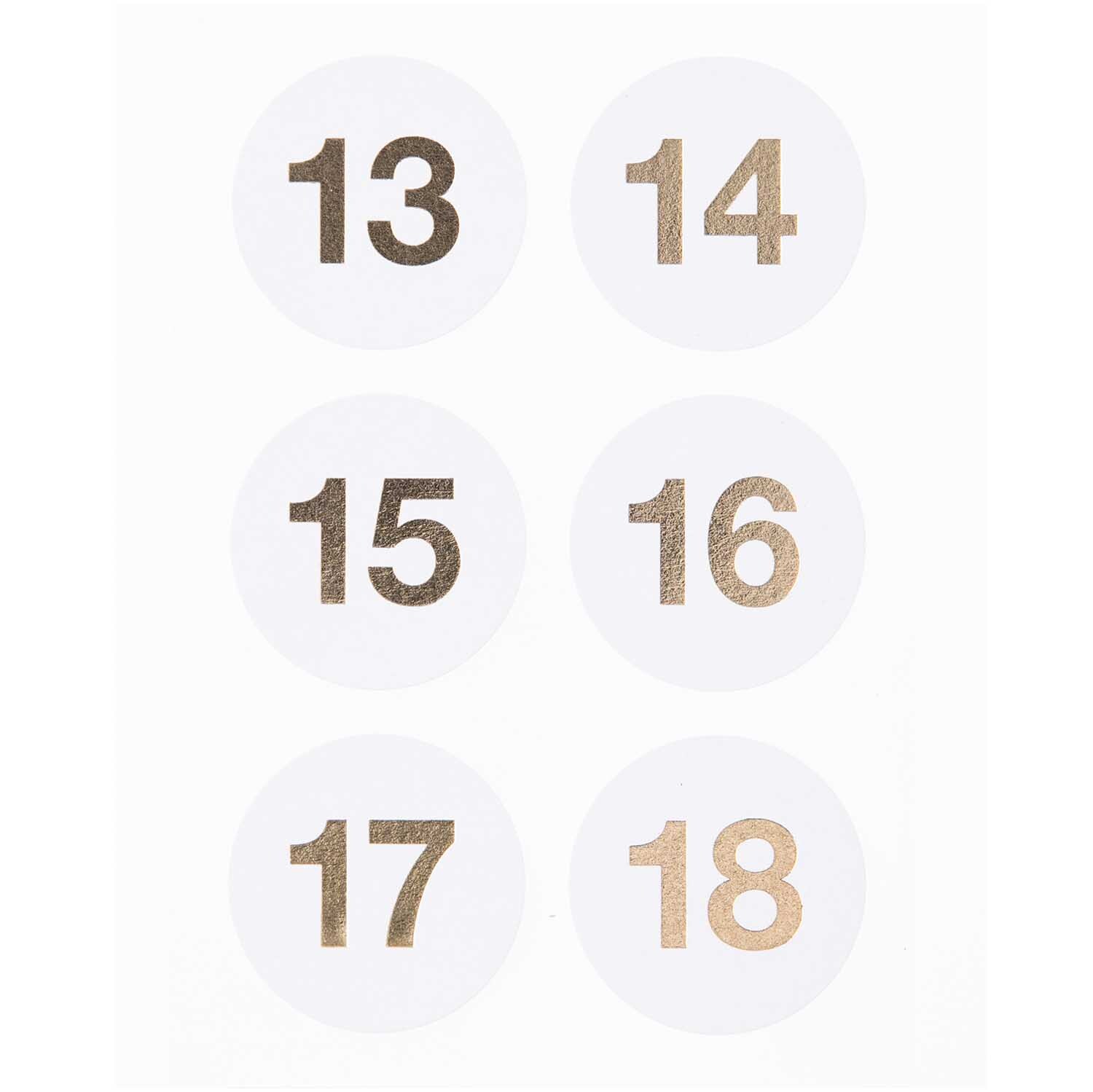 Paper Poetry Adventskalender Sticker mit Zahlen 13 bis 18 auf weißem Hintergrund von Rico Design.
